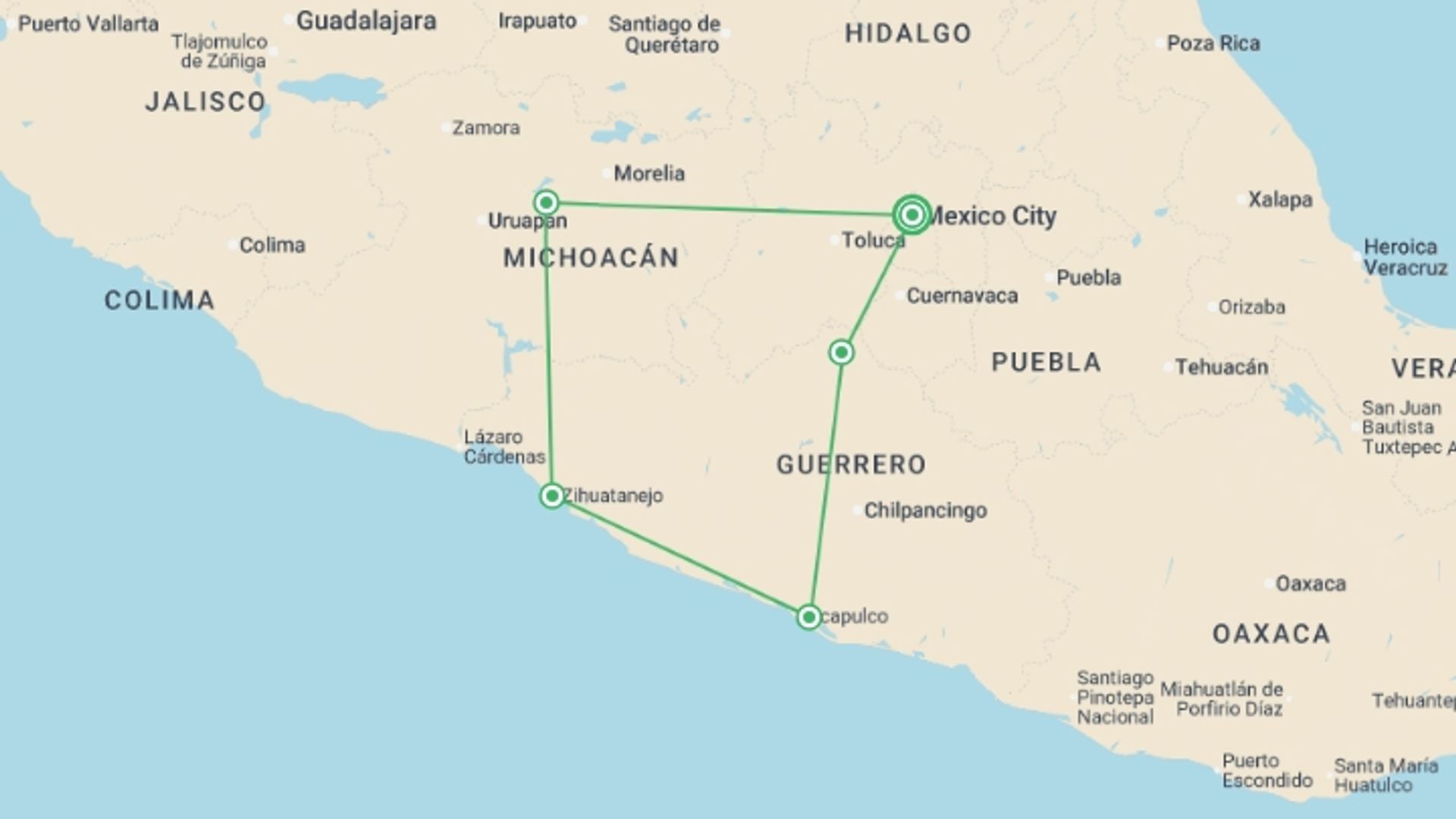 A map showing the tour itinerary for the trip: Mexico: Between Beaches and Magic Villages, starting in Mexico City, Mexico and ending in Mexico City, Mexico going through 1 other destinations.