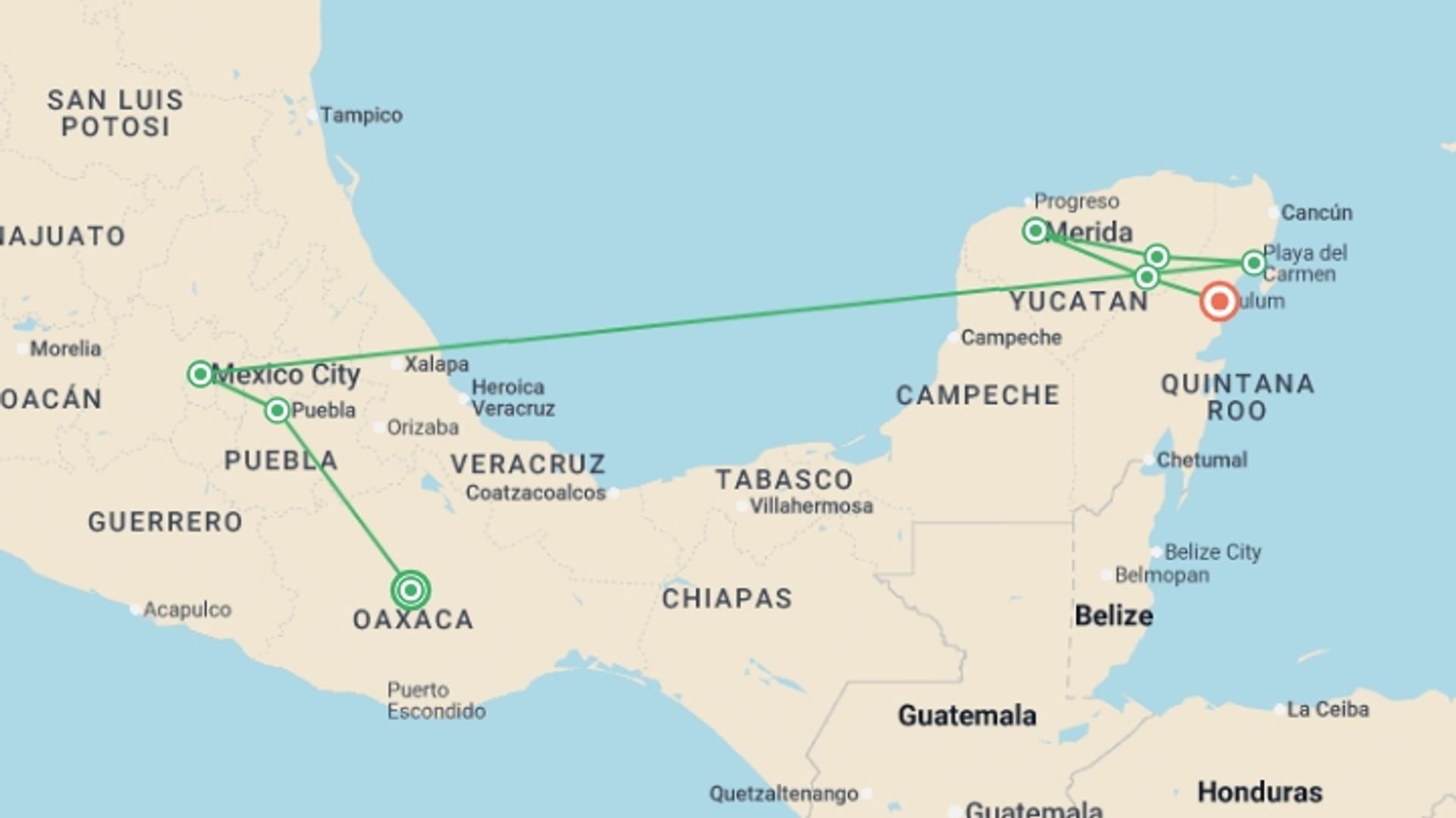 A map showing the tour itinerary for the trip: Mexico: Central Mexico & the Yucatan Peninsula, starting in Oaxaca, Mexico and ending in Tulum, Mexico going through 5 other destinations.