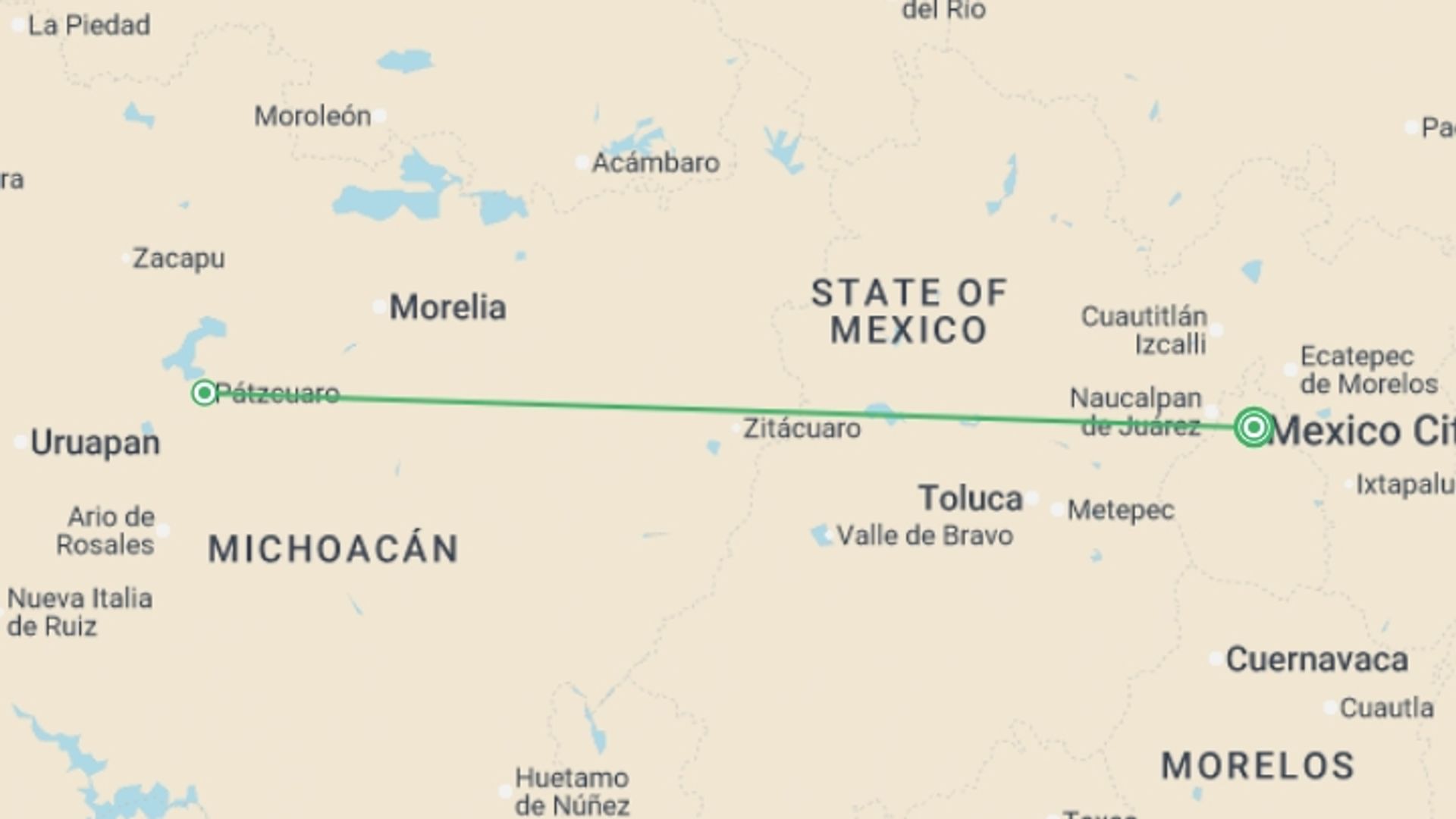 A map showing the tour itinerary for the trip: Mexico City and the Heart of Michoacán, starting in Mexico City, Mexico and ending in Mexico City, Mexico going through 1 other destinations.
