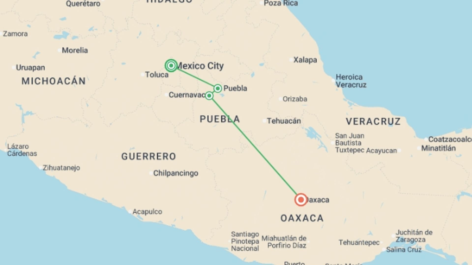 A map showing the tour itinerary for the trip: Mexico City to Oaxaca: Celebrate Day of the Dead, starting in Mexico City, Mexico and ending in Oaxaca, Mexico going through 2 other destinations.