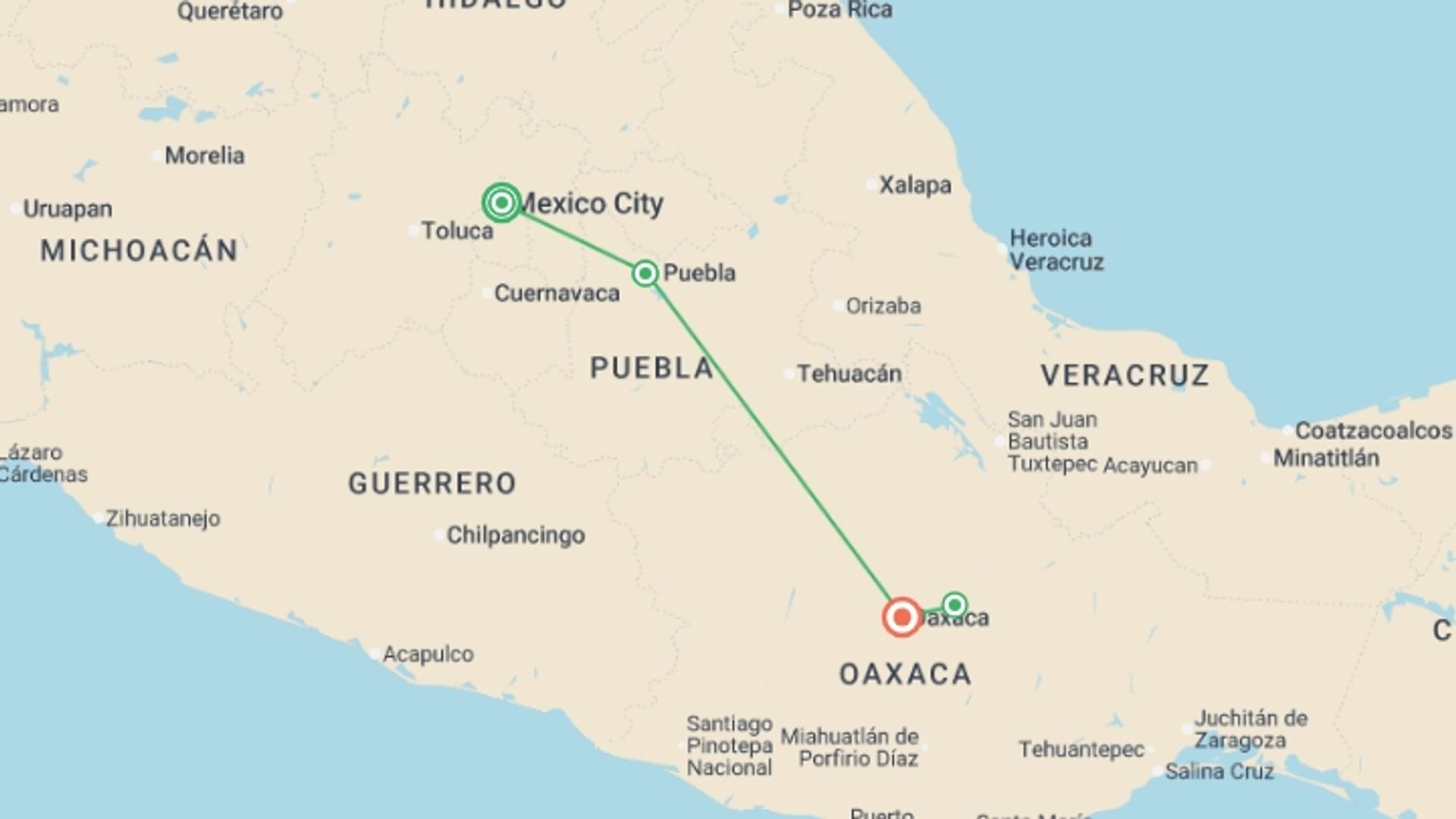 A map showing the tour itinerary for the trip: Mexico: Oaxaca & the Sierra Norte, starting in Mexico City, Mexico and ending in Oaxaca, Mexico going through 2 other destinations.