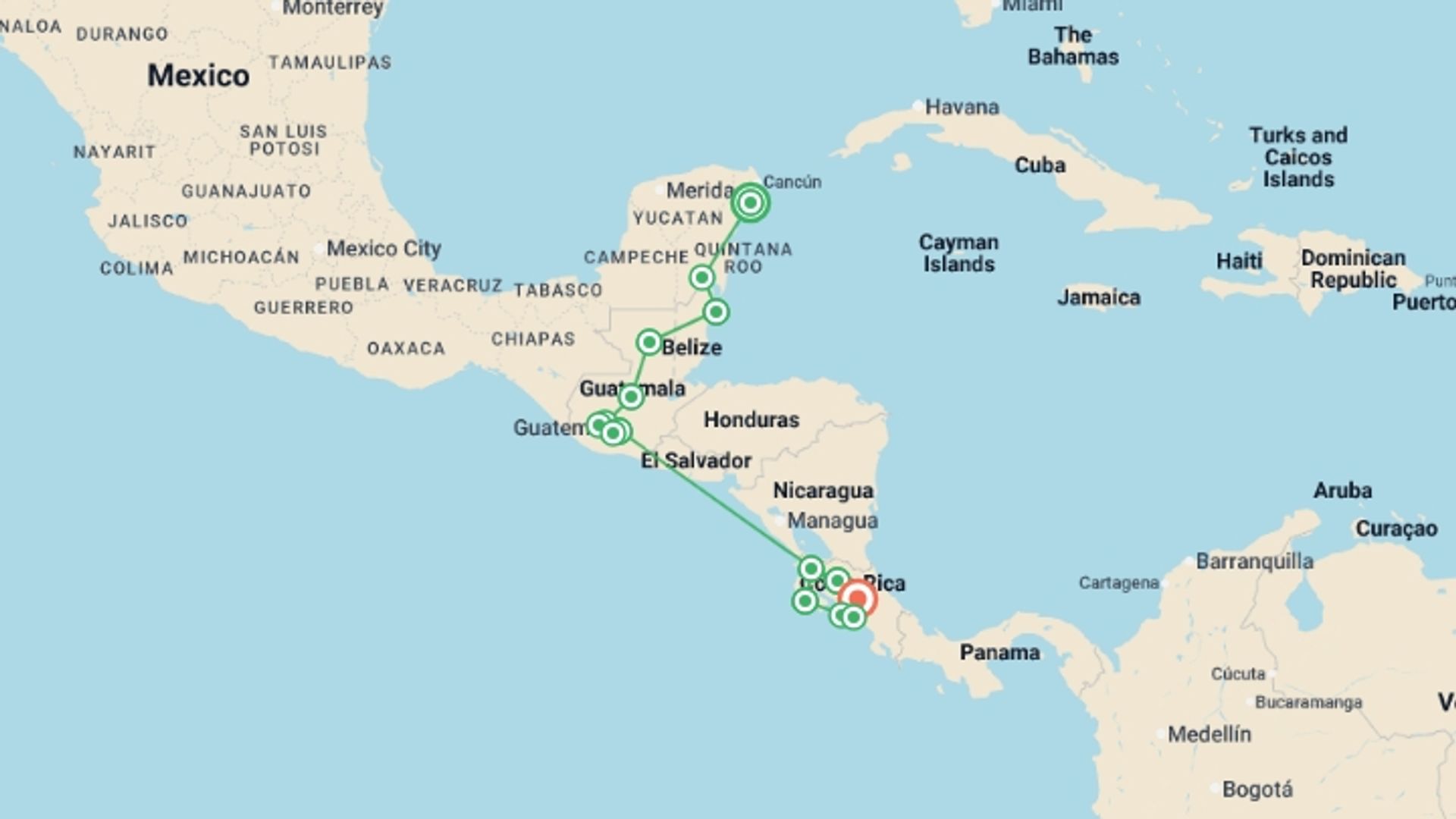A map showing the tour itinerary for the trip: Mexico to Costa Rica Adventure  - 30 days, starting in Playa Del Carmen, Mexico and ending in San Jose, Costa Rica going through 8 other destinations.