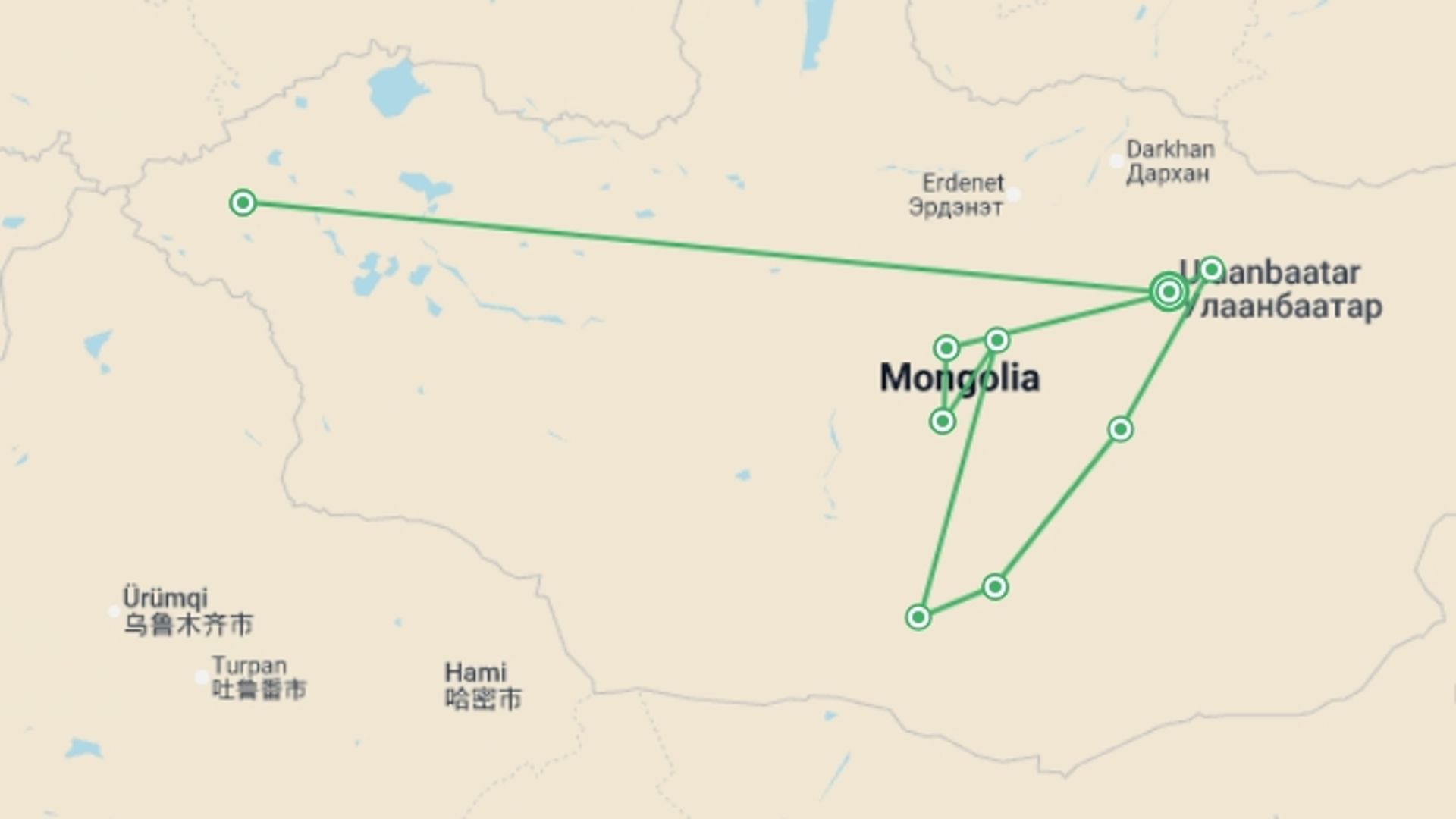 A map showing the tour itinerary for the trip: Mongolia Golden Eagle Festival, starting in Ulaanbaatar, Mongolia and ending in Ulaanbaatar, Mongolia going through 6 other destinations.