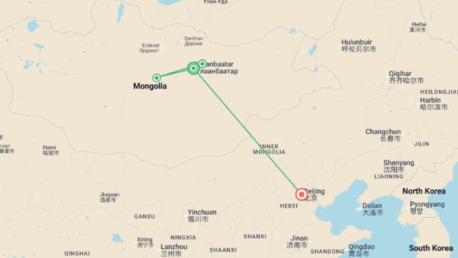 A map showing the tour itinerary for the trip: Mongolia to Beijing by Rail, starting in Ulaanbaatar, Mongolia and ending in Beijing, China going through 3 other destinations.