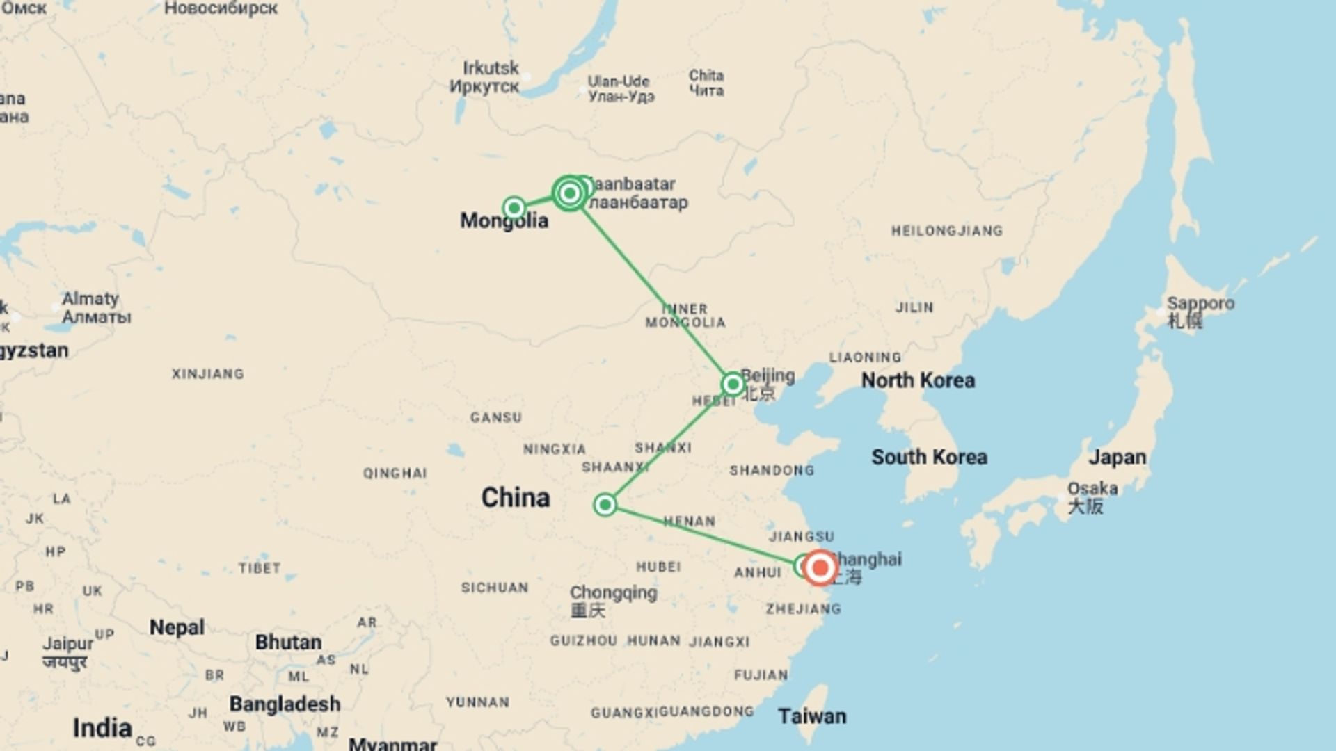 A map showing the tour itinerary for the trip: Mongolia to China: The Trans-Mongolian Railway, starting in Ulaanbaatar, Mongolia and ending in Shanghai, China going through 5 other destinations.