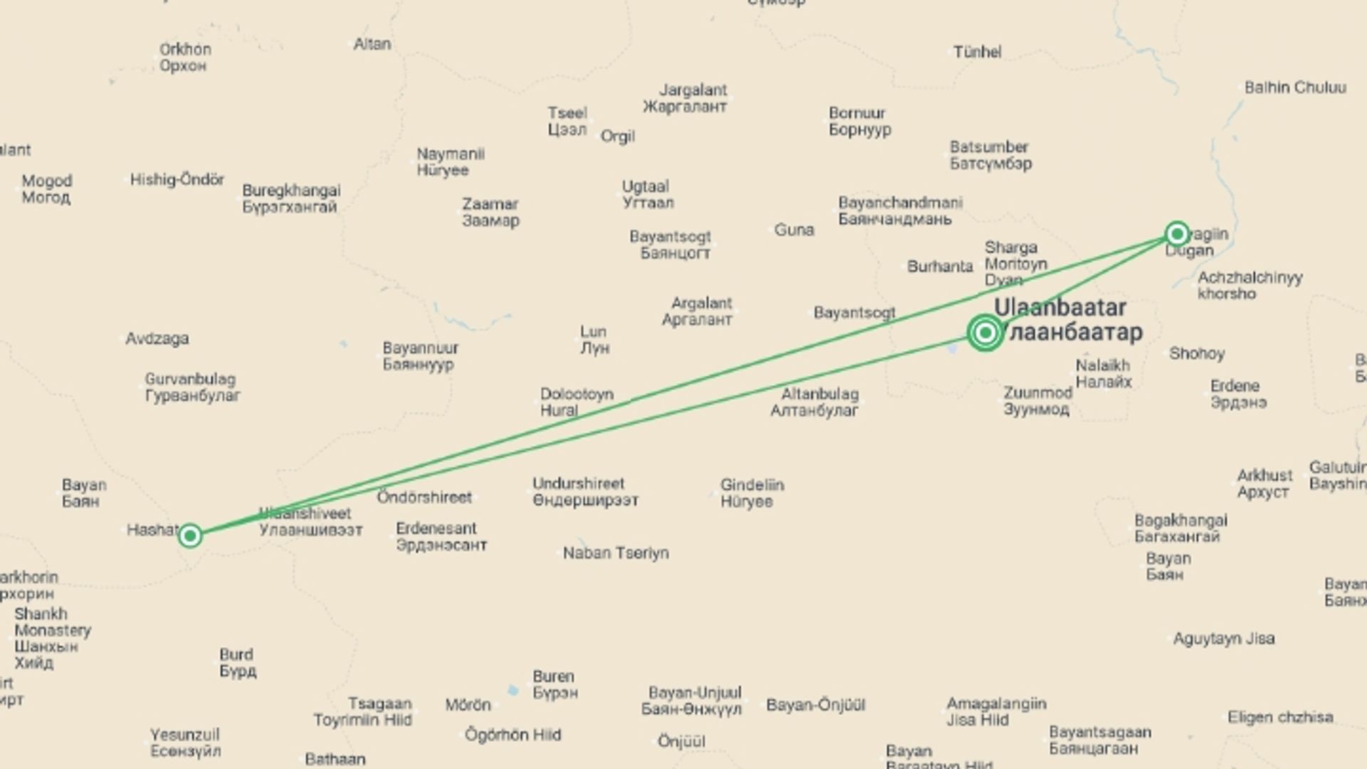A map showing the tour itinerary for the trip: Mongolia: Ulaanbaatar, Sand Dunes & Terelj National Park, starting in Ulaanbaatar, Mongolia and ending in Ulaanbaatar, Mongolia going through 2 other destinations.