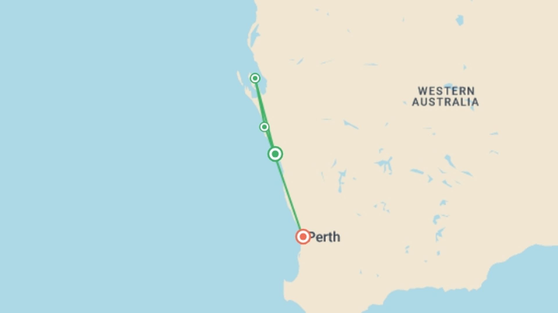 A map showing the tour itinerary for the trip: Monkey Mia Dolphins and West Coast, starting in Fremantle, Australia and ending in Perth, Australia going through 3 other destinations.