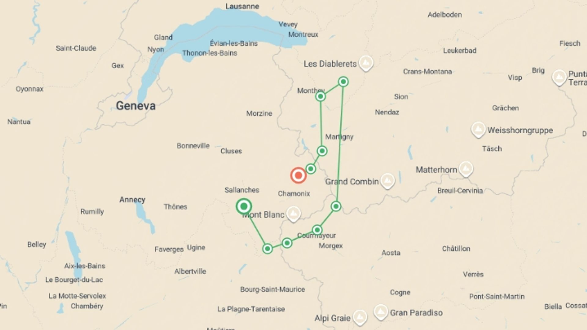A map showing the tour itinerary for the trip: Mont Blanc Encompassed Guided Hike, starting in Mont Blanc, France and ending in Mont Blanc, France going through 3 other destinations.