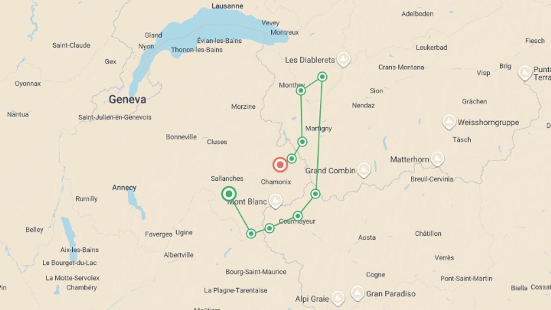 A map showing the tour itinerary for the trip: Mont Blanc Encompassed Guided Hike in Huts, starting in Mont Blanc, France and ending in Mont Blanc, France going through 3 other destinations.