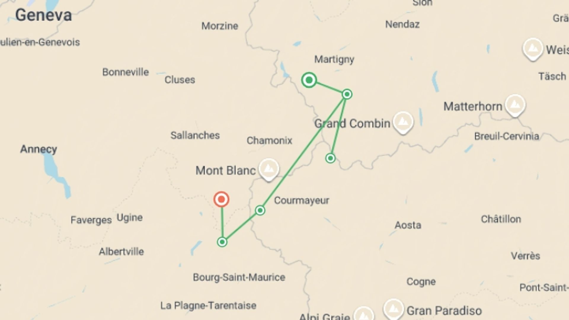 A map showing the tour itinerary for the trip: Mont Blanc Guided Hike in Huts, starting in Chamonix, France and ending in Chamonix, France going through 2 other destinations.