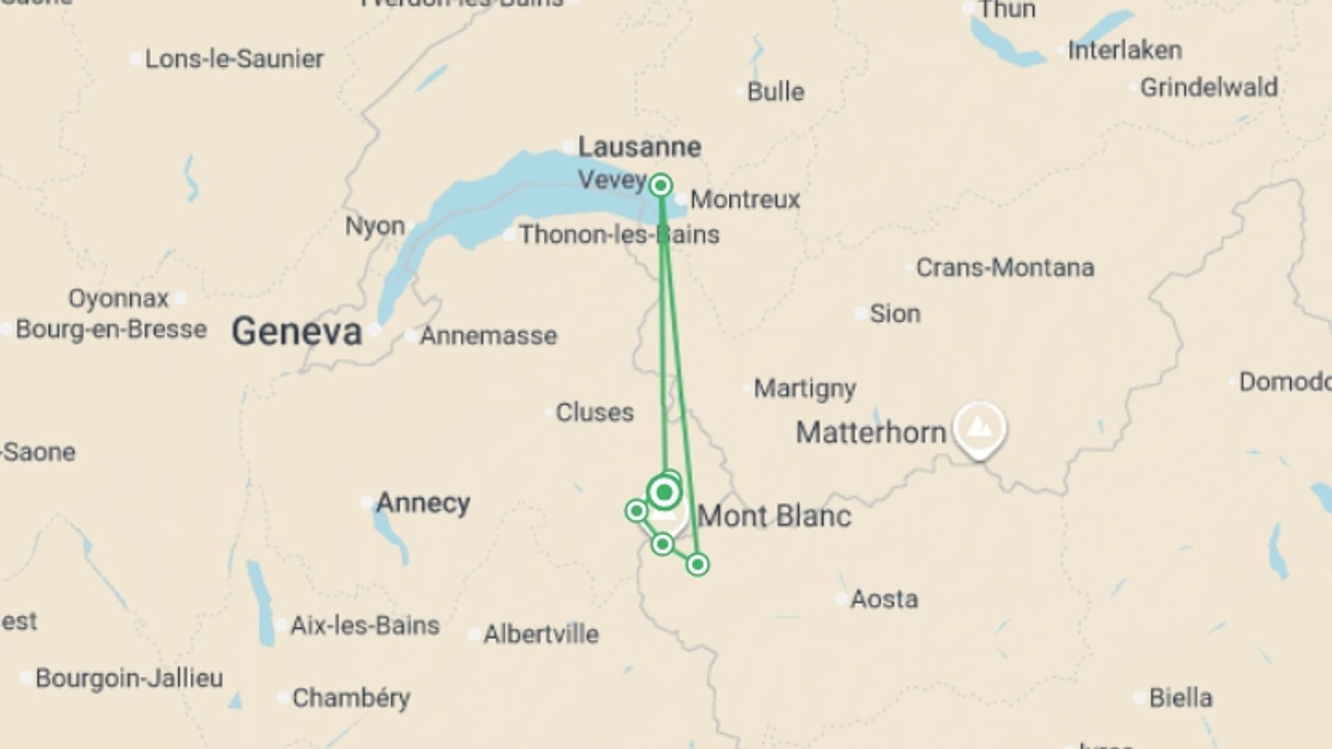 A map showing the tour itinerary for the trip: Mont Blanc Hiking Highlights, starting in Chamonix, France and ending in Chamonix, France going through 5 other destinations.