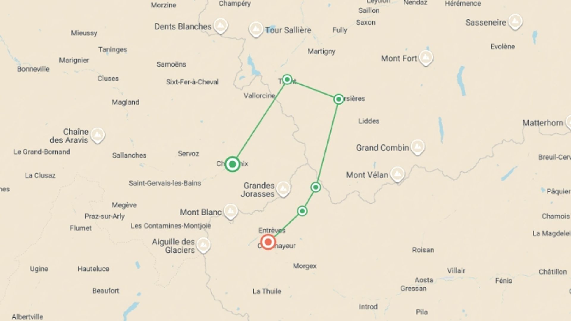 A map showing the tour itinerary for the trip: Mont Blanc Rambler Guided Hike, starting in Chamonix, France and ending in Courmayeur, Italy going through 3 other destinations.