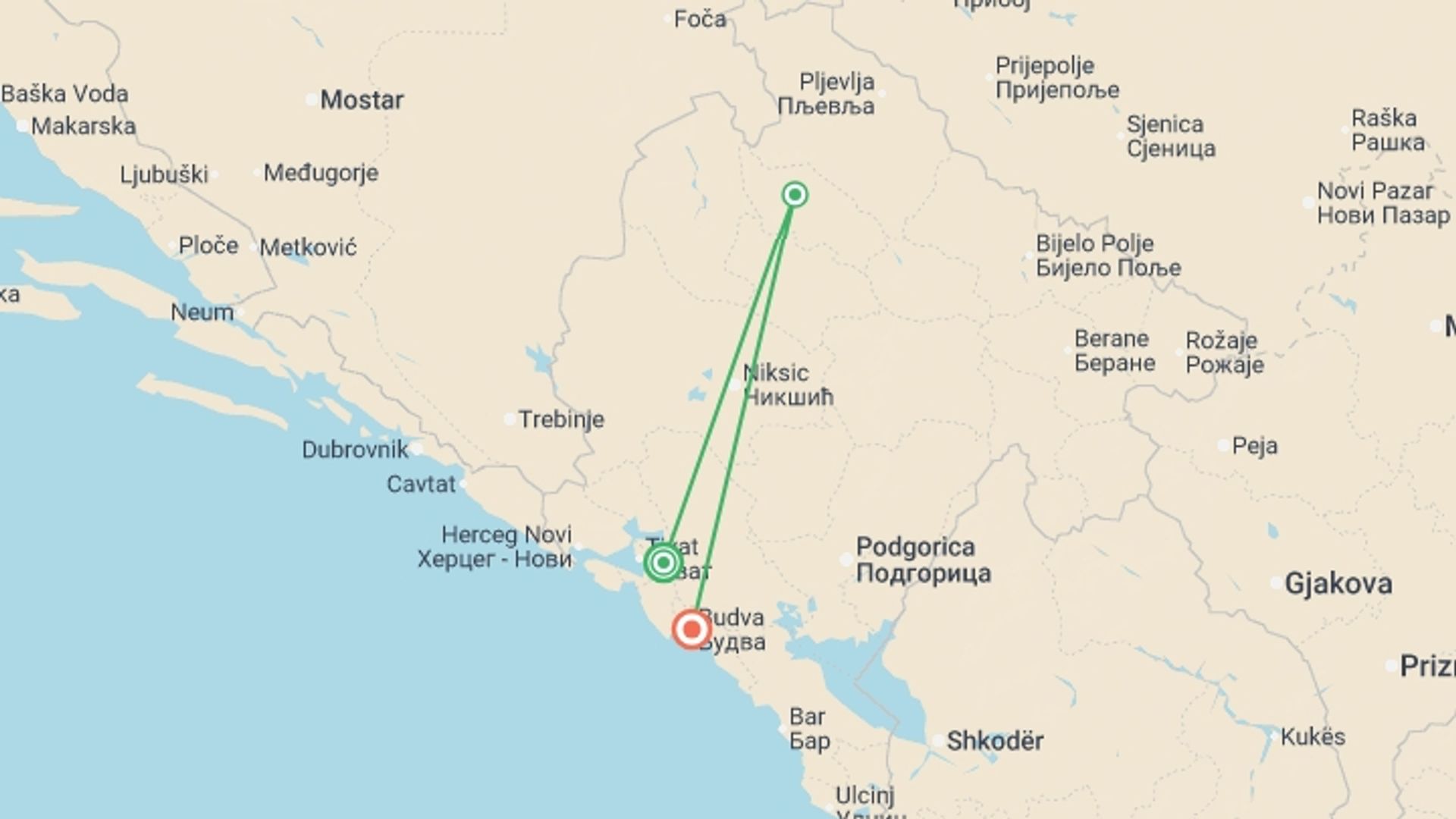 A map showing the tour itinerary for the trip: Montenegro: Medieval Towns & Mountain Views, starting in Kotor, Montenegro and ending in Podgorica, Montenegro going through 2 other destinations.