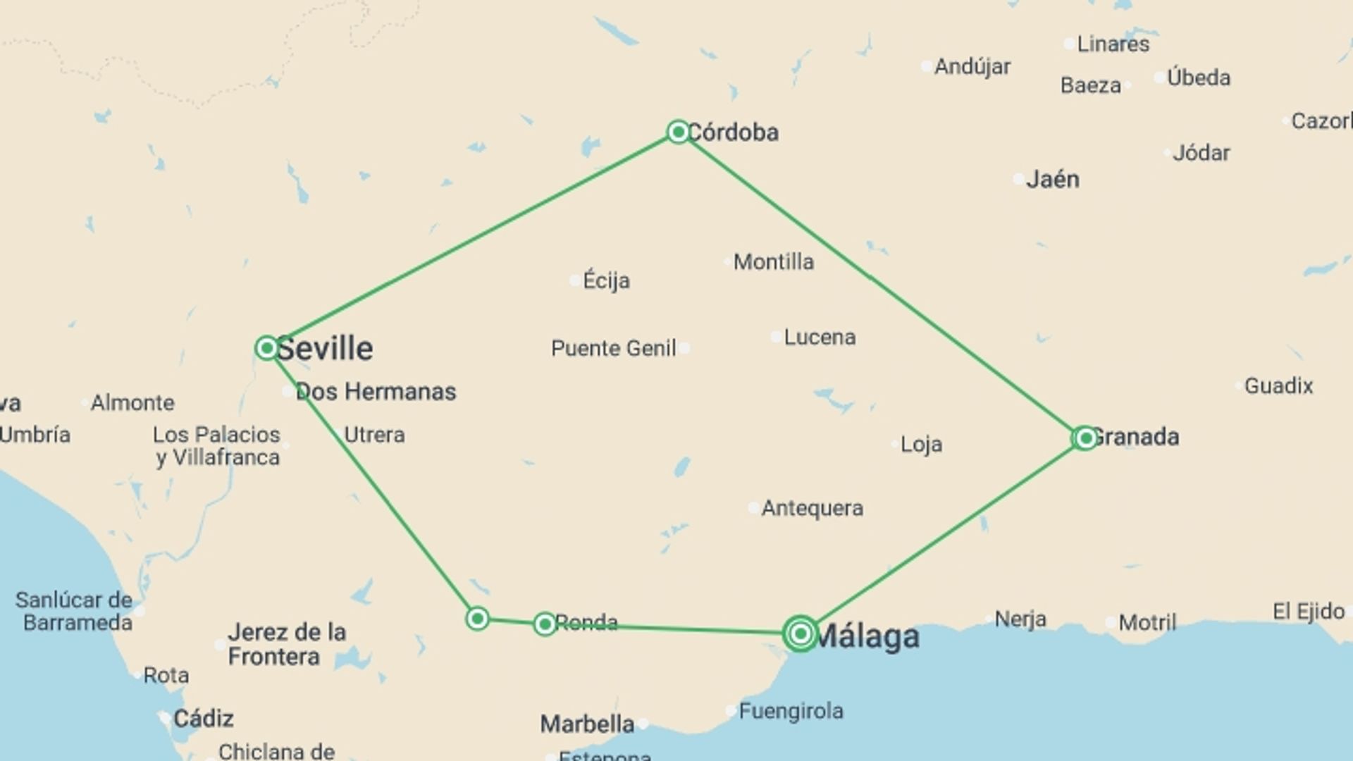 A map showing the tour itinerary for the trip: Moorish Andalucia, starting in Malaga, Spain and ending in Malaga, Spain going through 5 other destinations.