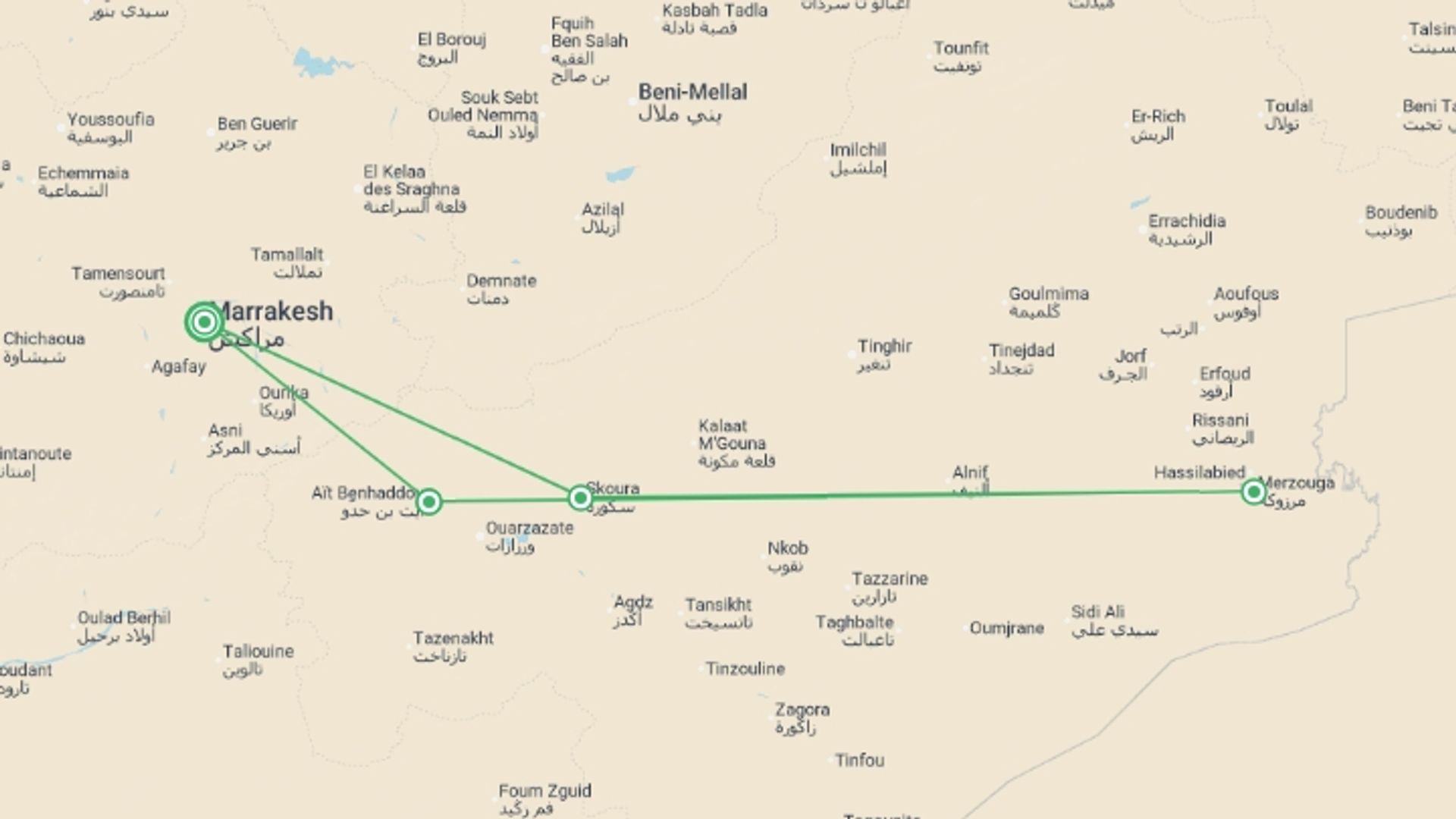 A map showing the tour itinerary for the trip: Moroccan Desert Adventure: River Canyons & Camels, starting in Marrakech, Morocco and ending in Marrakech, Morocco going through 1 other destinations.