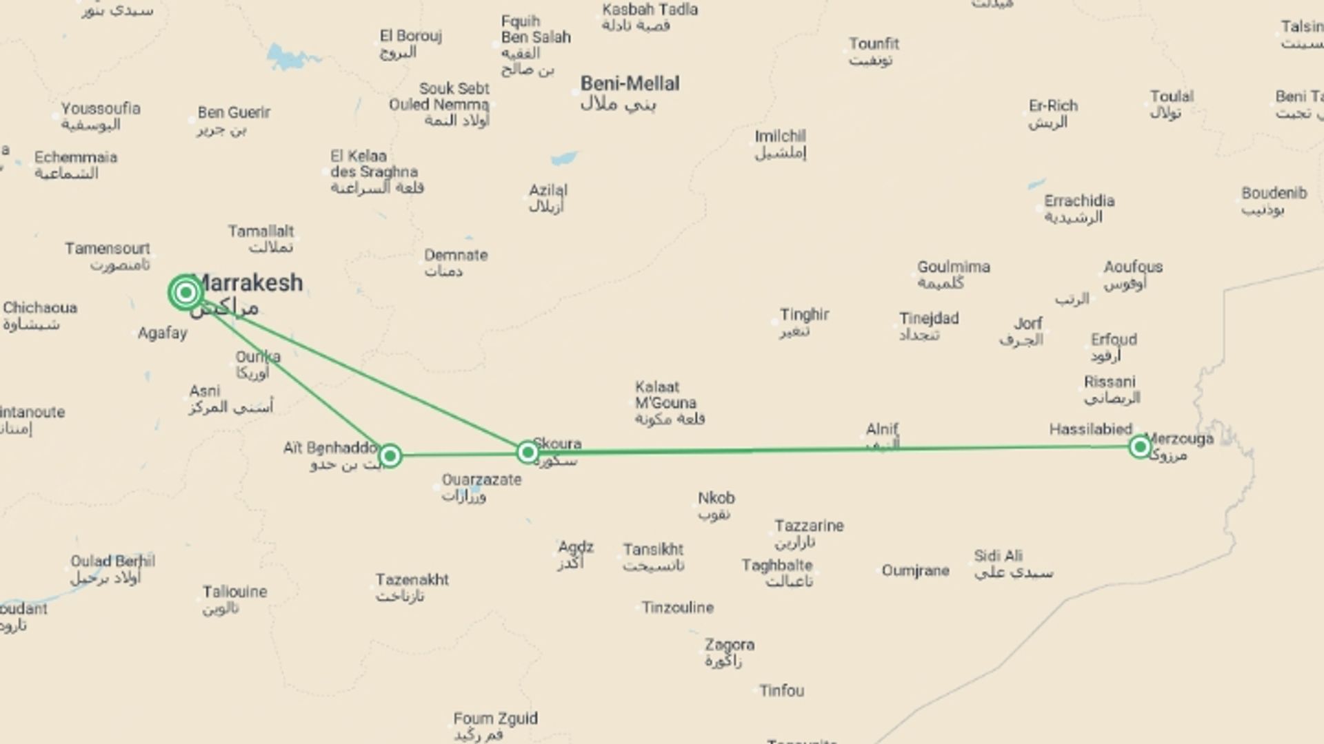 A map showing the tour itinerary for the trip: Moroccan Desert Adventure: River Canyons & Camels, starting in Marrakech, Morocco and ending in Marrakech, Morocco going through 1 other destinations.