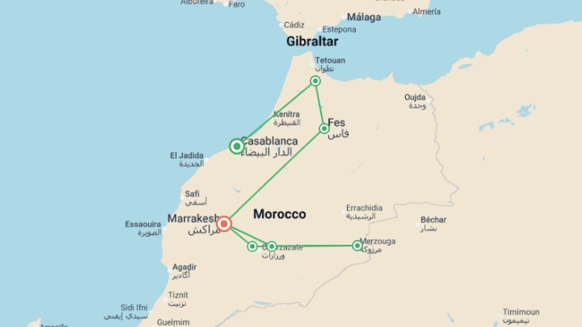 A map showing the tour itinerary for the trip: Morocco: Markets & Mountains, starting in Casablanca, Morocco and ending in Marrakech, Morocco going through 4 other destinations.