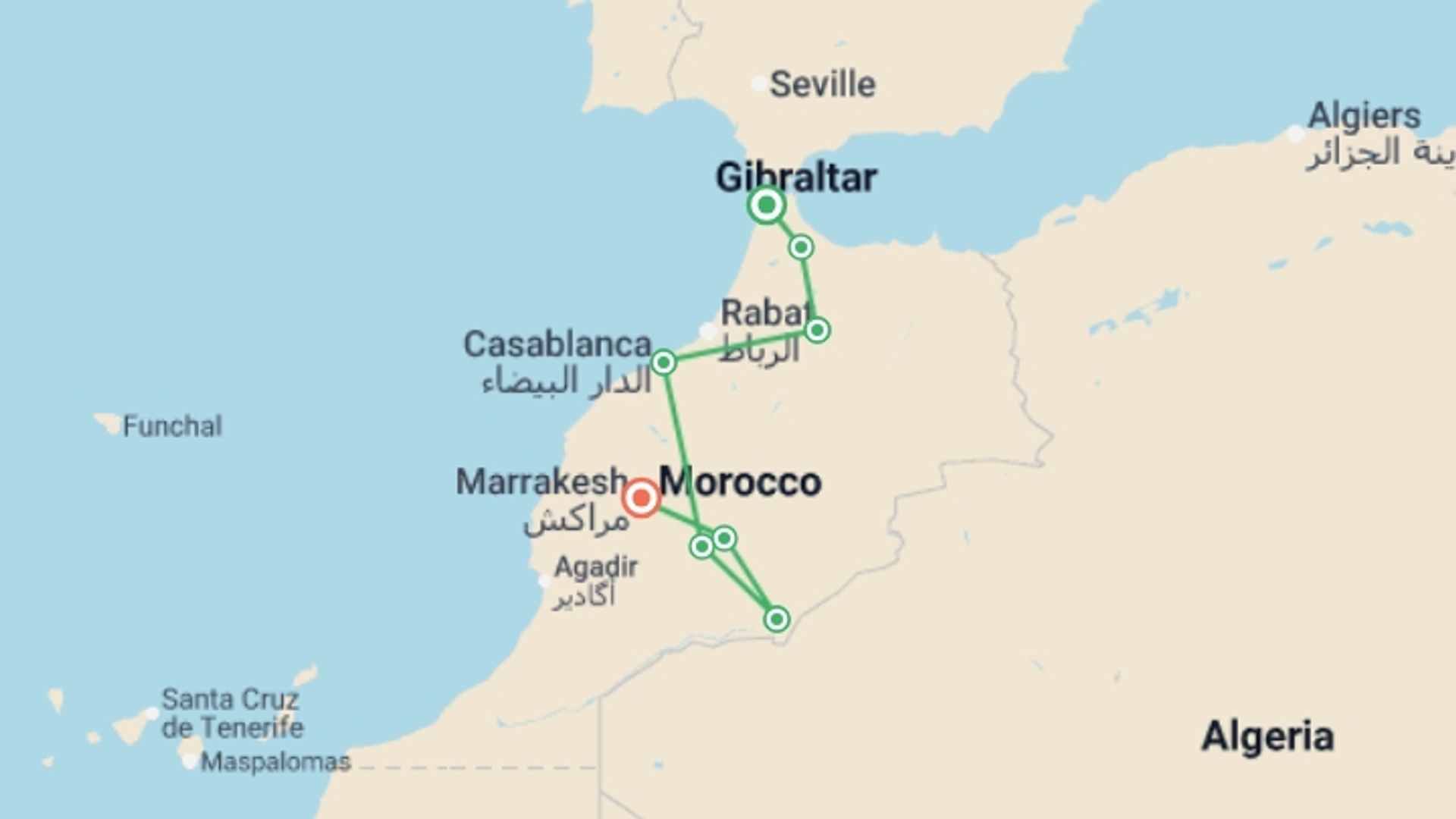 A map showing the tour itinerary for the trip: Morocco: North, South & Marrakech, starting in Tangier, Morocco and ending in Marrakech, Morocco going through 5 other destinations.