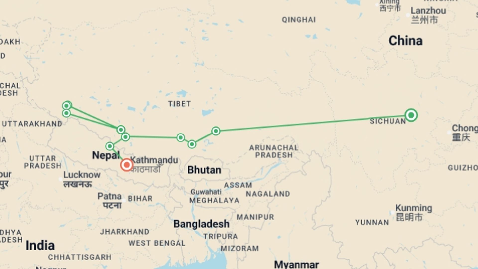 A map showing the tour itinerary for the trip: Mount Kailash: Saga Dawa Festival, starting in Chengdu, China and ending in Kathmandu, Nepal going through 5 other destinations.
