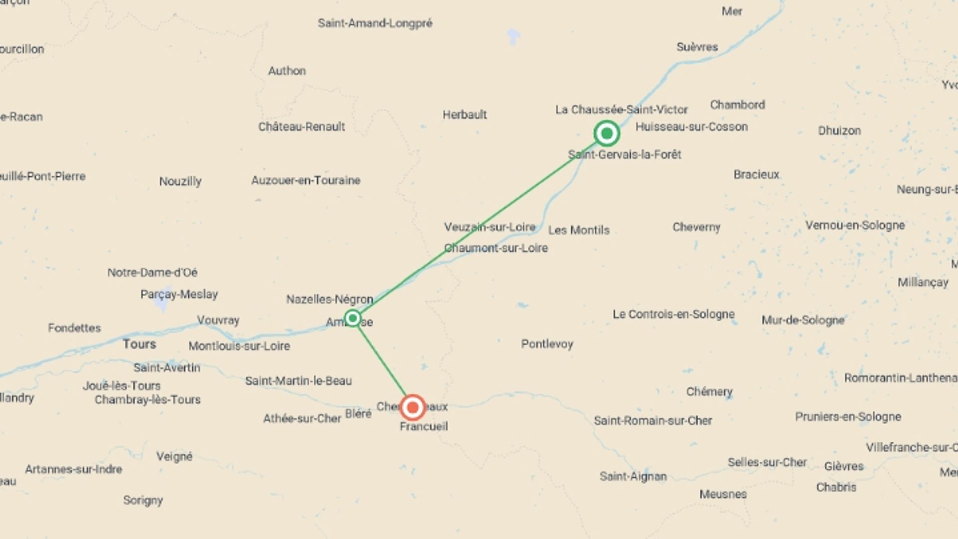A map showing the tour itinerary for the trip: Multi Activity in the Loire, starting in Paris, France and ending in Chenonceaux going through 4 other destinations.