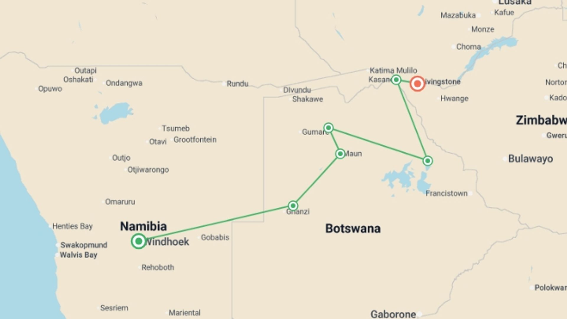 A map showing the tour itinerary for the trip: Namibia to Victoria Falls Overland Safari & Participation Camping, starting in Windhoek, Namibia and ending in Victoria Falls, Zimbabwe going through 4 other destinations.