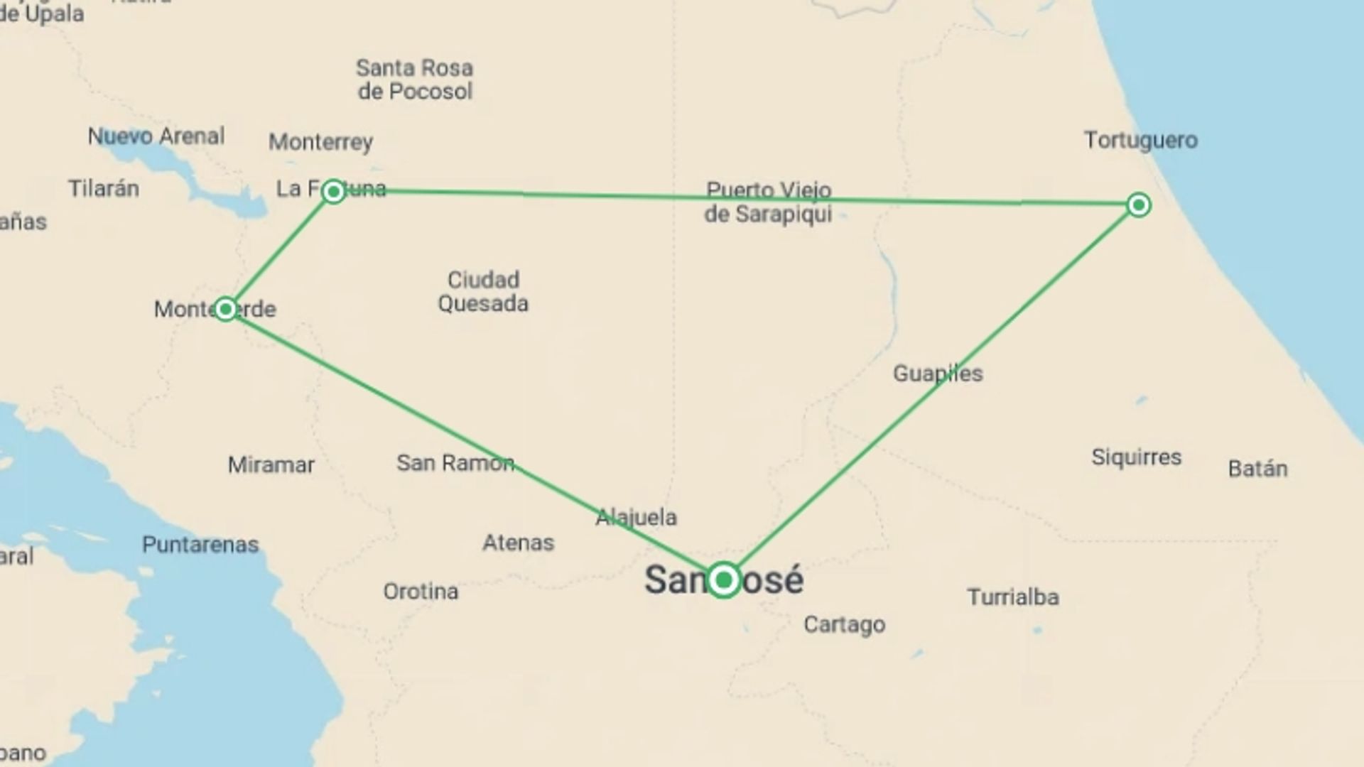 A map showing the tour itinerary for the trip: Natural Highlights of Costa Rica, starting in San Jose, Costa Rica and ending in San Jose, Costa Rica going through 5 other destinations.