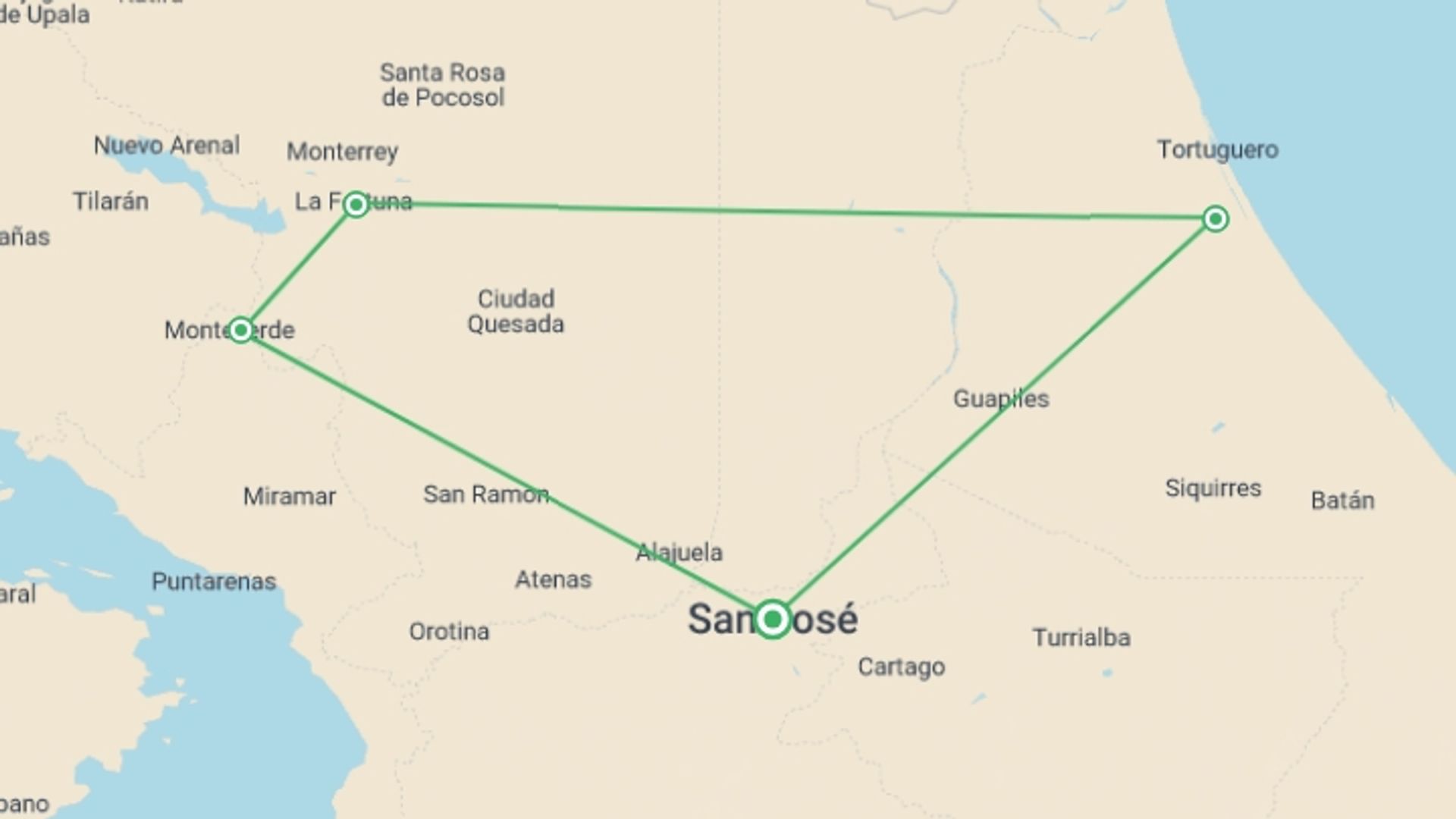A map showing the tour itinerary for the trip: Natural Highlights of Costa Rica, starting in San Jose, Costa Rica and ending in San Jose, Costa Rica going through 5 other destinations.