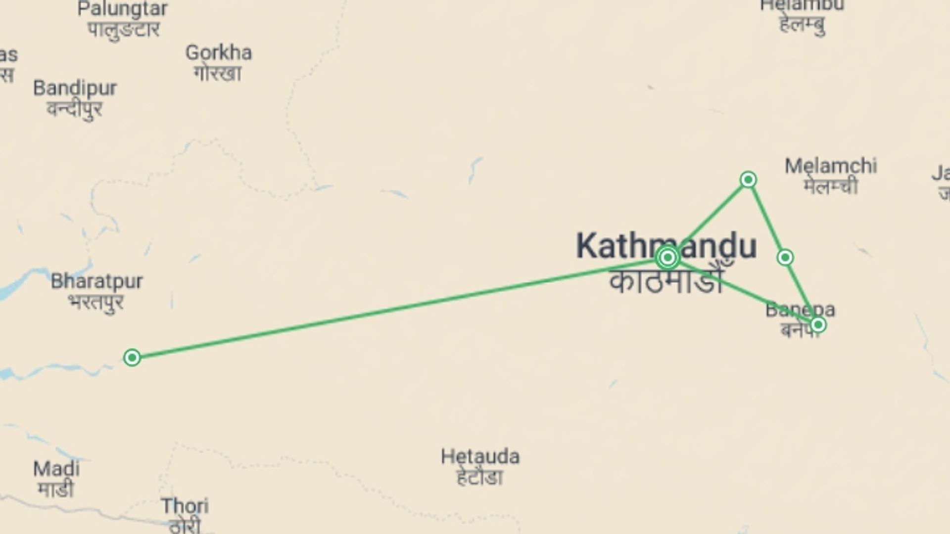 A map showing the tour itinerary for the trip: Nepal: Kathmandu, Chitwan & Hiking, starting in Kathmandu, Nepal and ending in Kathmandu, Nepal going through 2 other destinations.