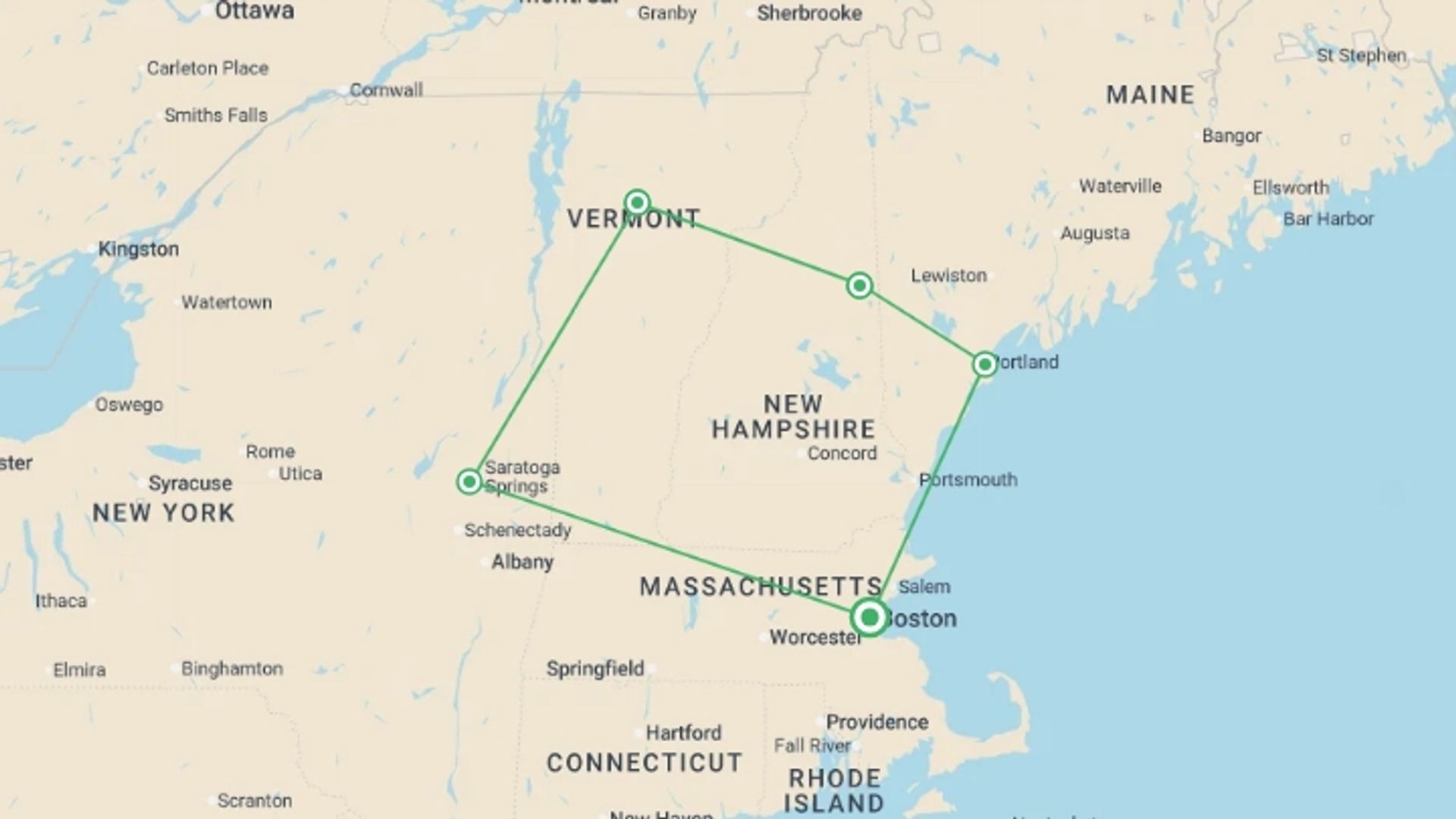 A map showing the tour itinerary for the trip: New England's Fall Foliage, starting in Boston, USA and ending in Boston, USA going through 1 other destinations.