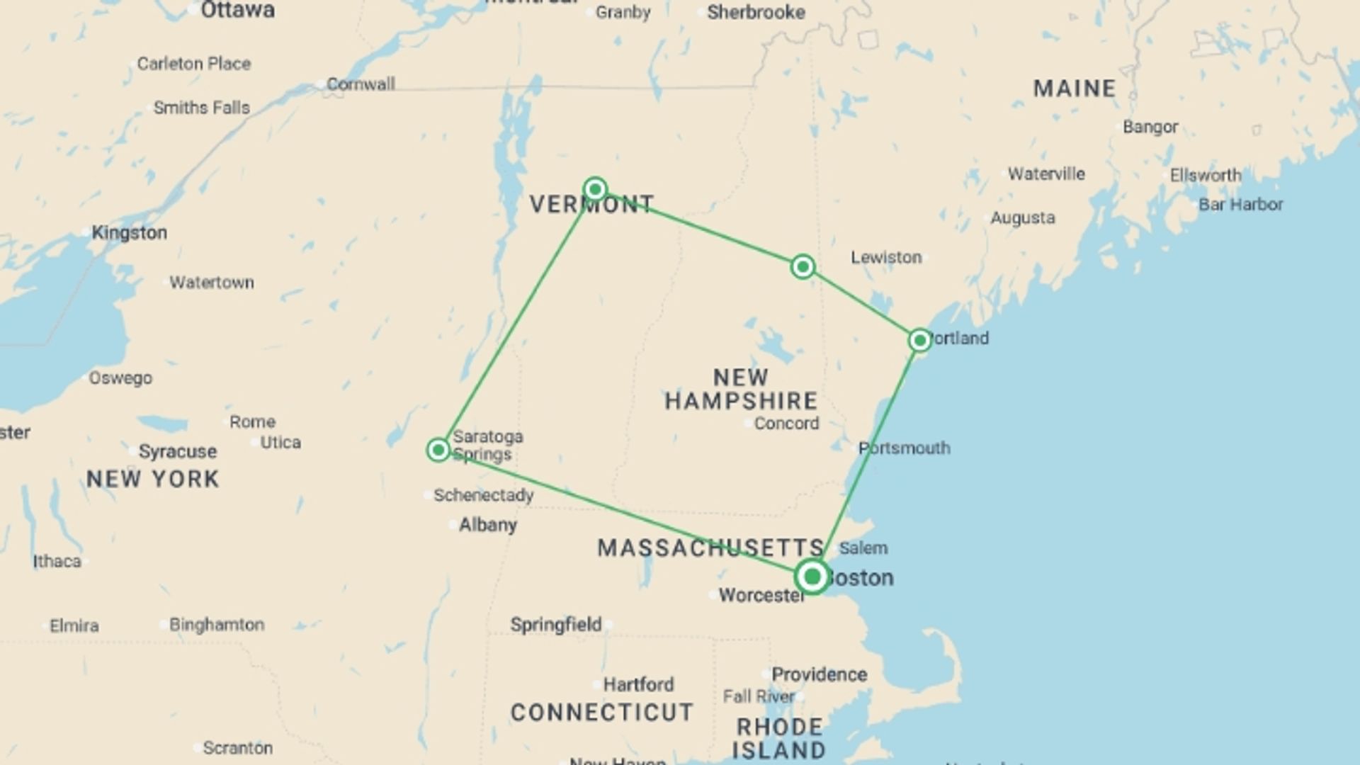 A map showing the tour itinerary for the trip: New England's Fall Foliage, starting in Boston, USA and ending in Boston, USA going through 1 other destinations.