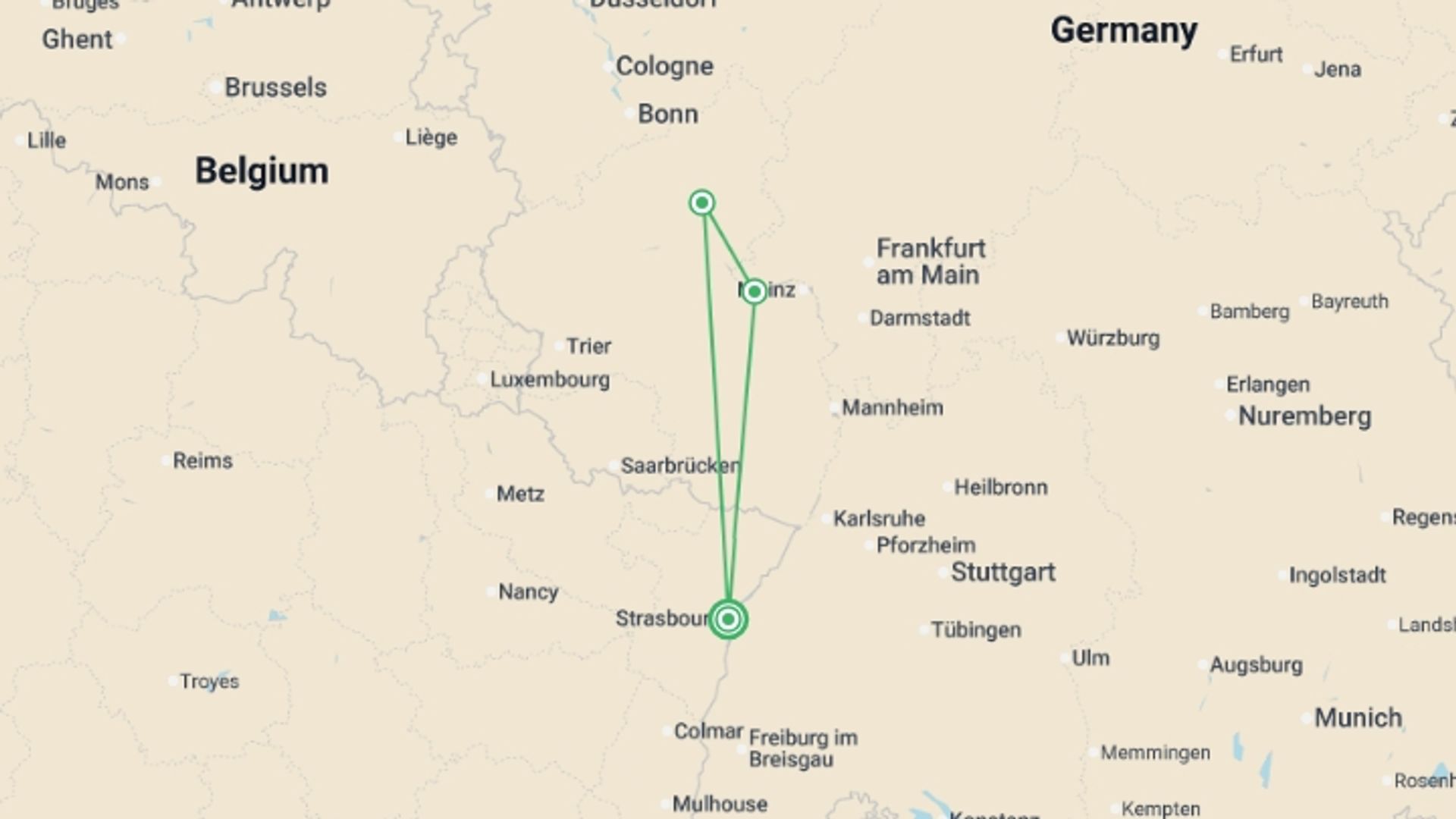 A map showing the tour itinerary for the trip: New Year in the Romantic Rhine valley (port-to-port cruise), starting in Strasbourg, France and ending in Rhineland-Palatinate & Saarland, Germany going through 4 other destinations.