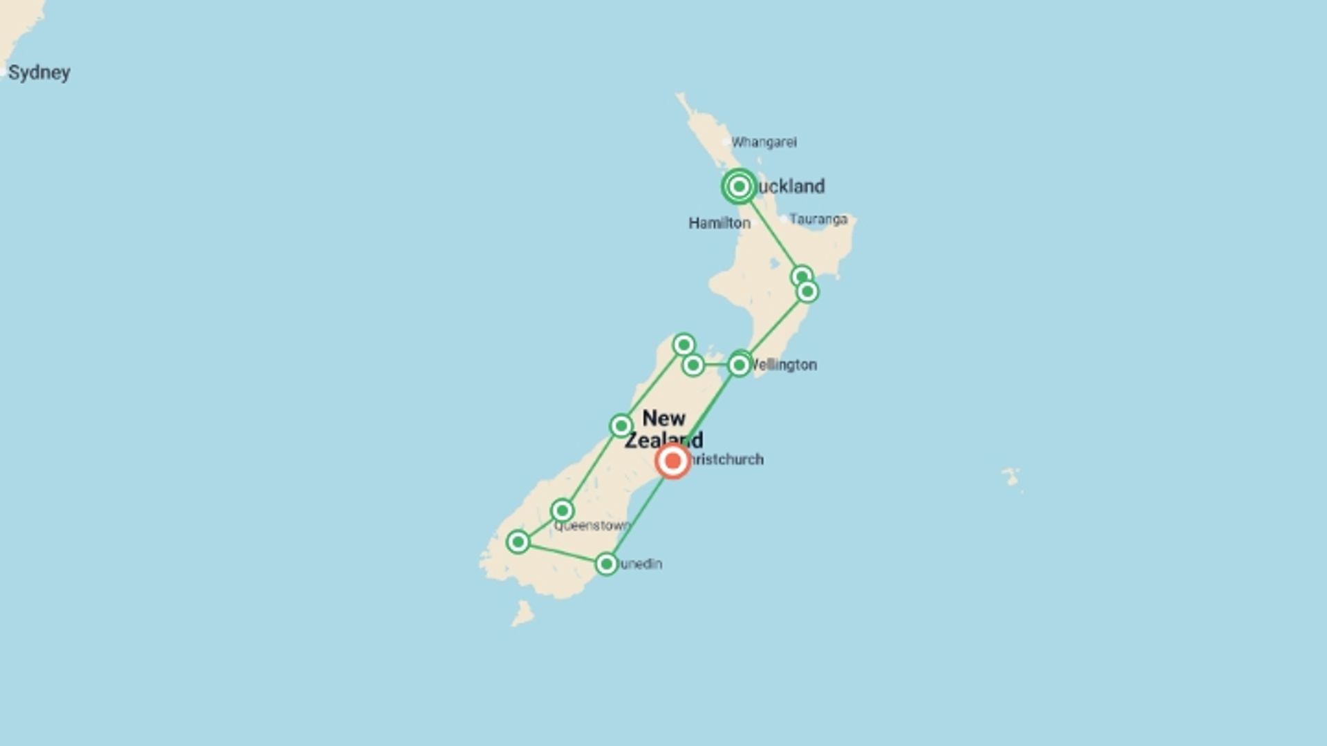 A map showing the tour itinerary for the trip: New Zealand Explorer, starting in Auckland, New Zealand and ending in Christchurch, New Zealand going through 9 other destinations.