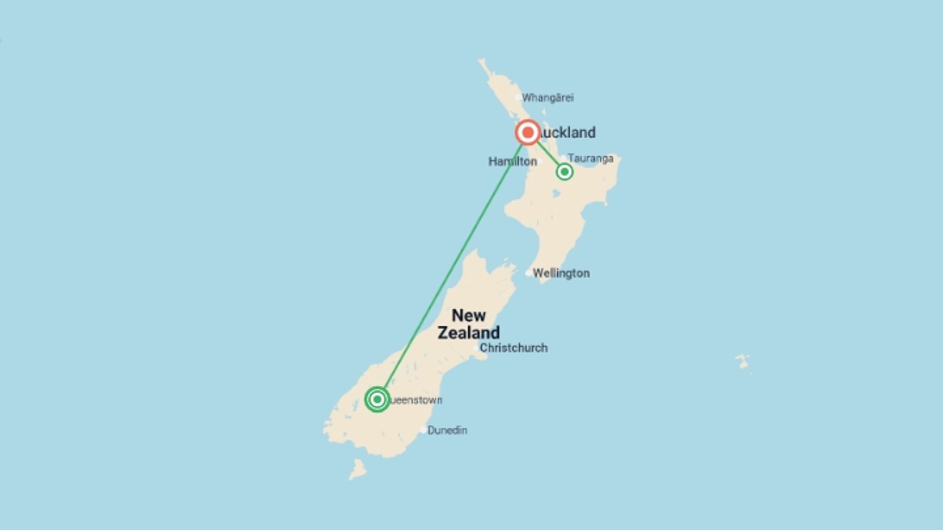 A map showing the tour itinerary for the trip: New Zealand Panorama, starting in Queenstown, New Zealand and ending in Auckland, New Zealand going through 3 other destinations.