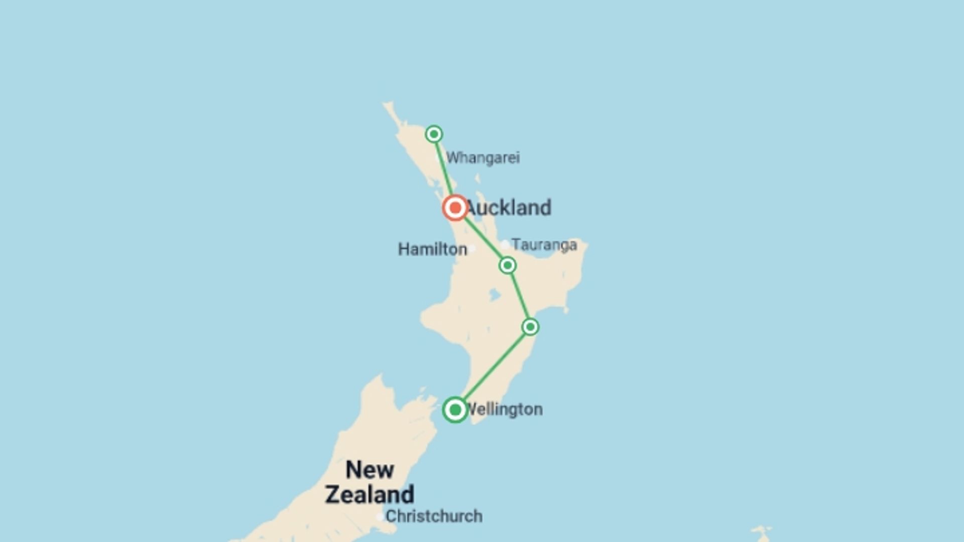 A map showing the tour itinerary for the trip: New Zealand's Northern Gems, starting in Wellington, New Zealand and ending in Auckland, New Zealand going through 3 other destinations.