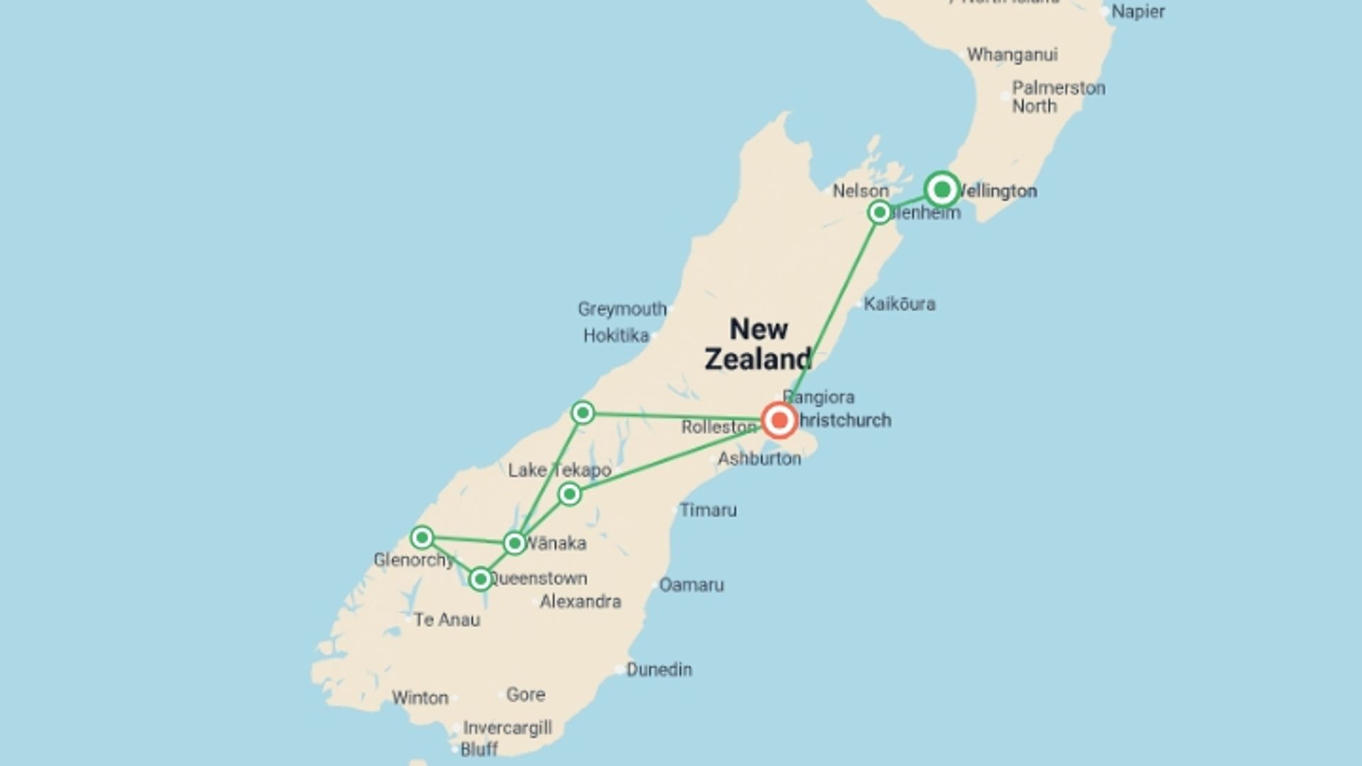 A map showing the tour itinerary for the trip: New Zealand's Southern Sounds, starting in Wellington, New Zealand and ending in Christchurch, New Zealand going through 7 other destinations.