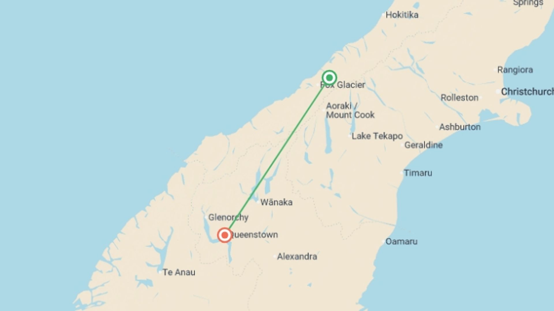 A map showing the tour itinerary for the trip: New Zealand South Island Discovery, starting in Christchurch, New Zealand and ending in Queenstown, New Zealand going through 3 other destinations.