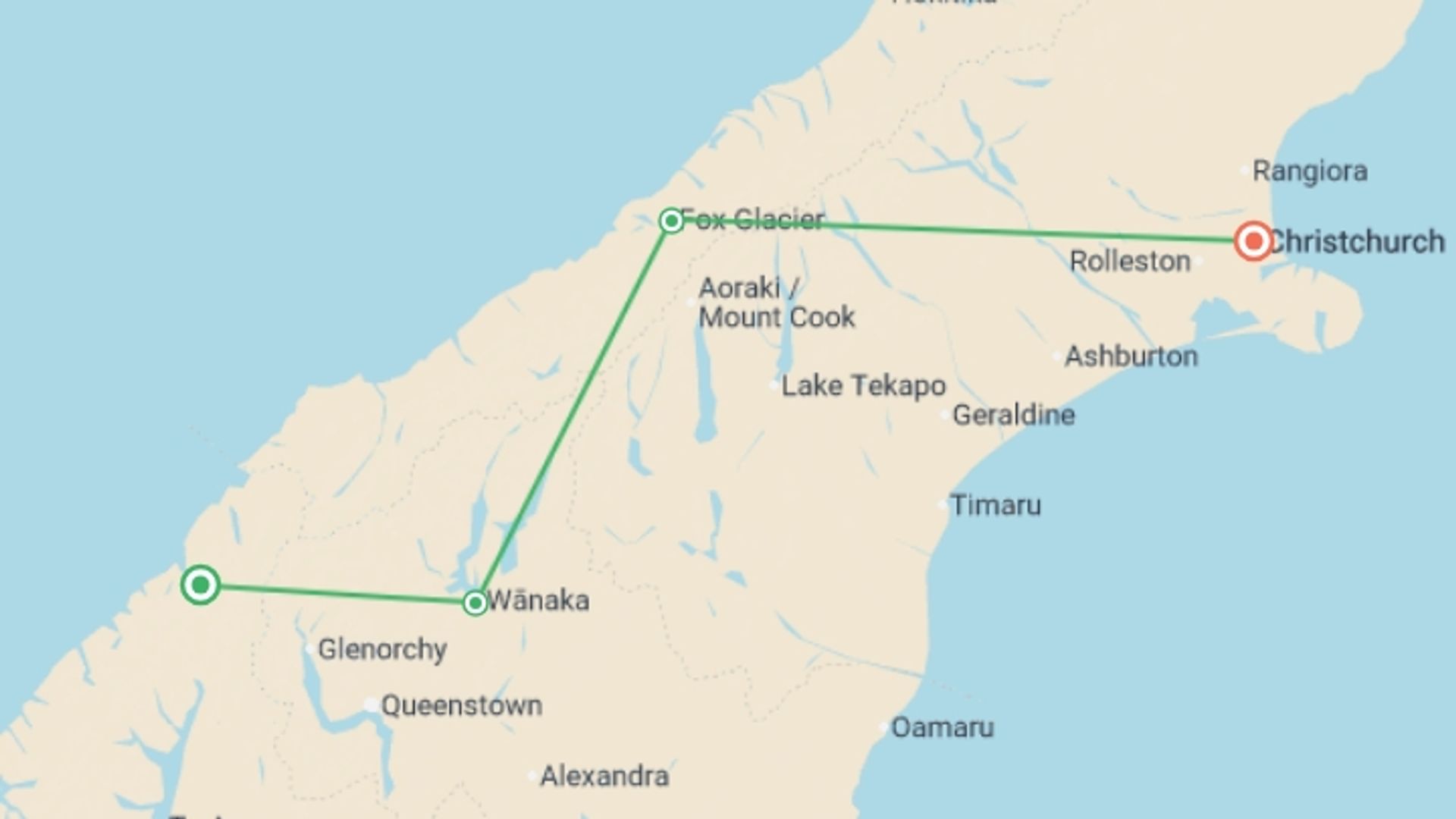 A map showing the tour itinerary for the trip: New Zealand South Island Highlights, starting in Queenstown, New Zealand and ending in Christchurch, New Zealand going through 5 other destinations.