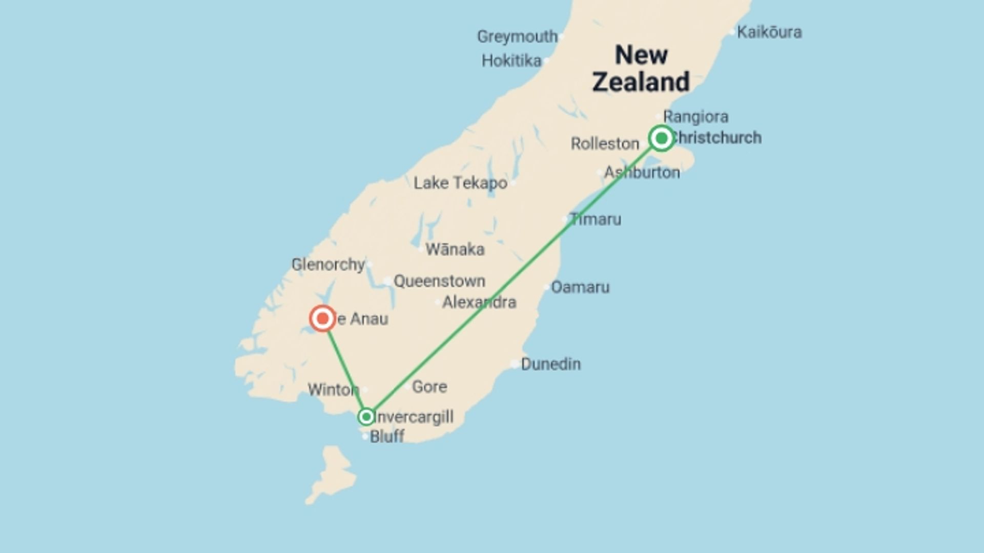 A map showing the tour itinerary for the trip: New Zealand South Island Splendour, starting in Christchurch, New Zealand and ending in Queenstown, New Zealand going through 3 other destinations.