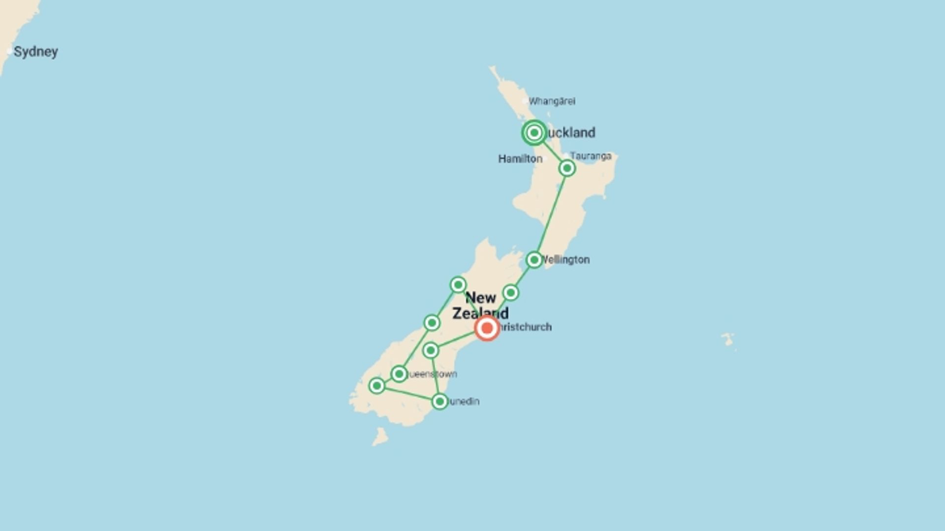 A map showing the tour itinerary for the trip: New Zealand Uncovered, starting in Auckland, New Zealand and ending in Christchurch, New Zealand going through 8 other destinations.