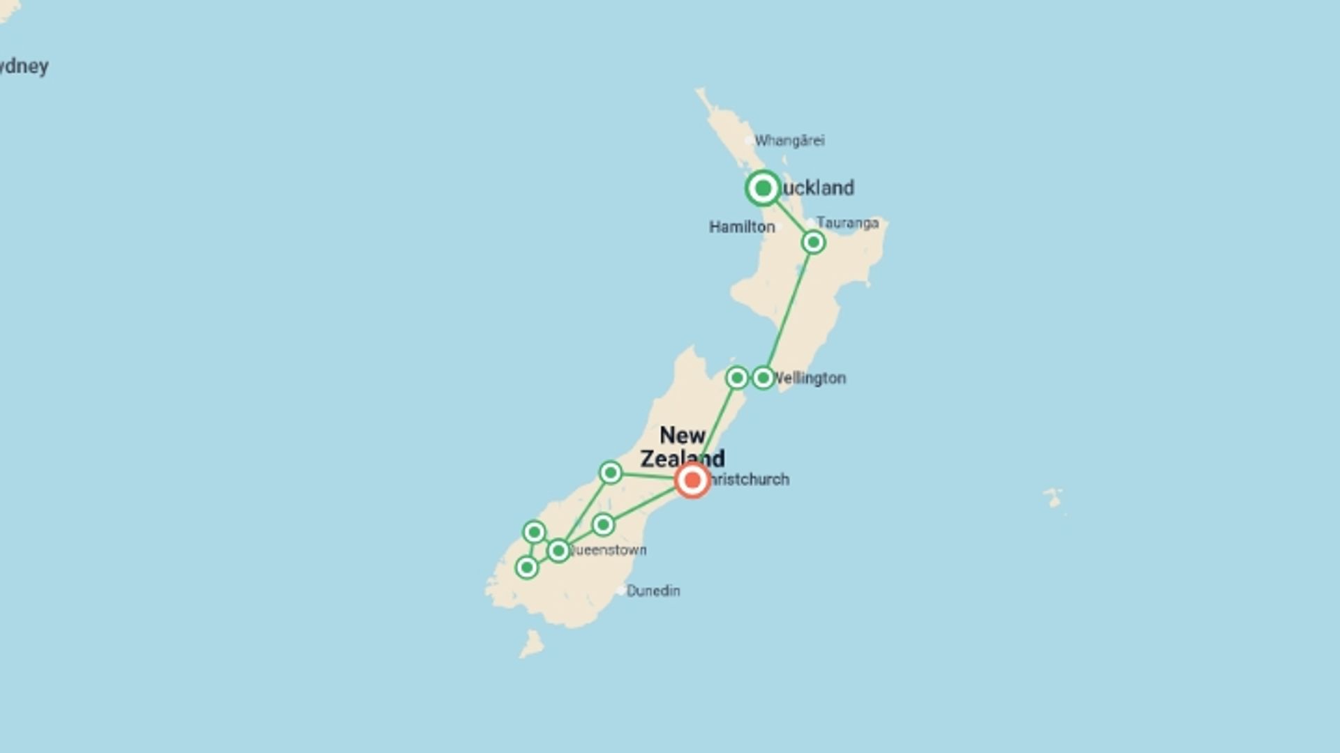 A map showing the tour itinerary for the trip: New Zealand Marvel, starting in Christchurch, New Zealand and ending in Auckland, New Zealand going through 8 other destinations.