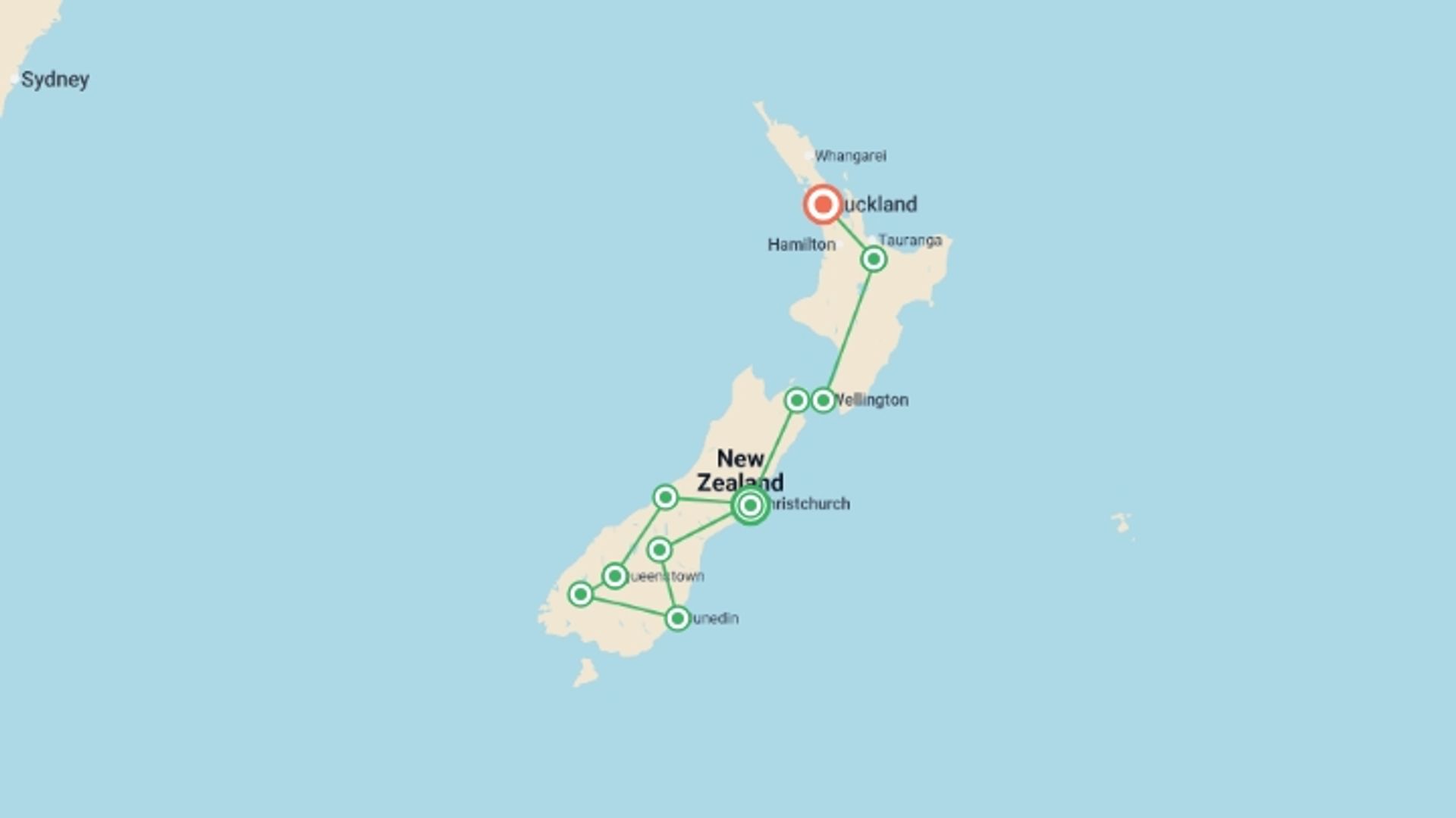 A map showing the tour itinerary for the trip: New Zealand Vista, starting in Christchurch, New Zealand and ending in Auckland, New Zealand going through 8 other destinations.
