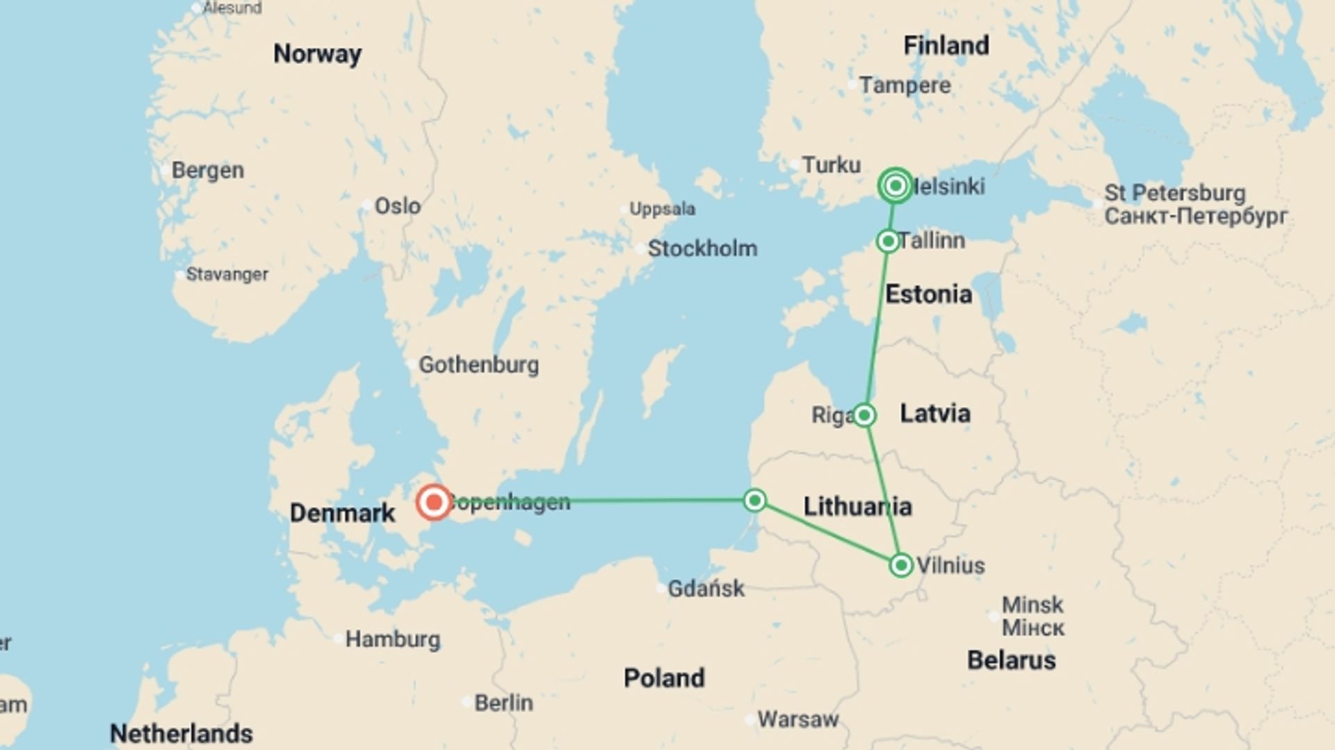 A map showing the tour itinerary for the trip: Nordic & Baltic Escape, starting in Helsinki, Finland and ending in Copenhagen, Denmark going through 6 other destinations.