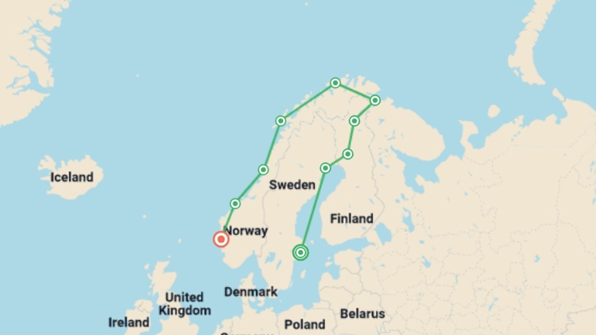 A map showing the tour itinerary for the trip: Nordic Discovery, starting in Stockholm, Sweden and ending in Oslo, Norway going through 6 other destinations.