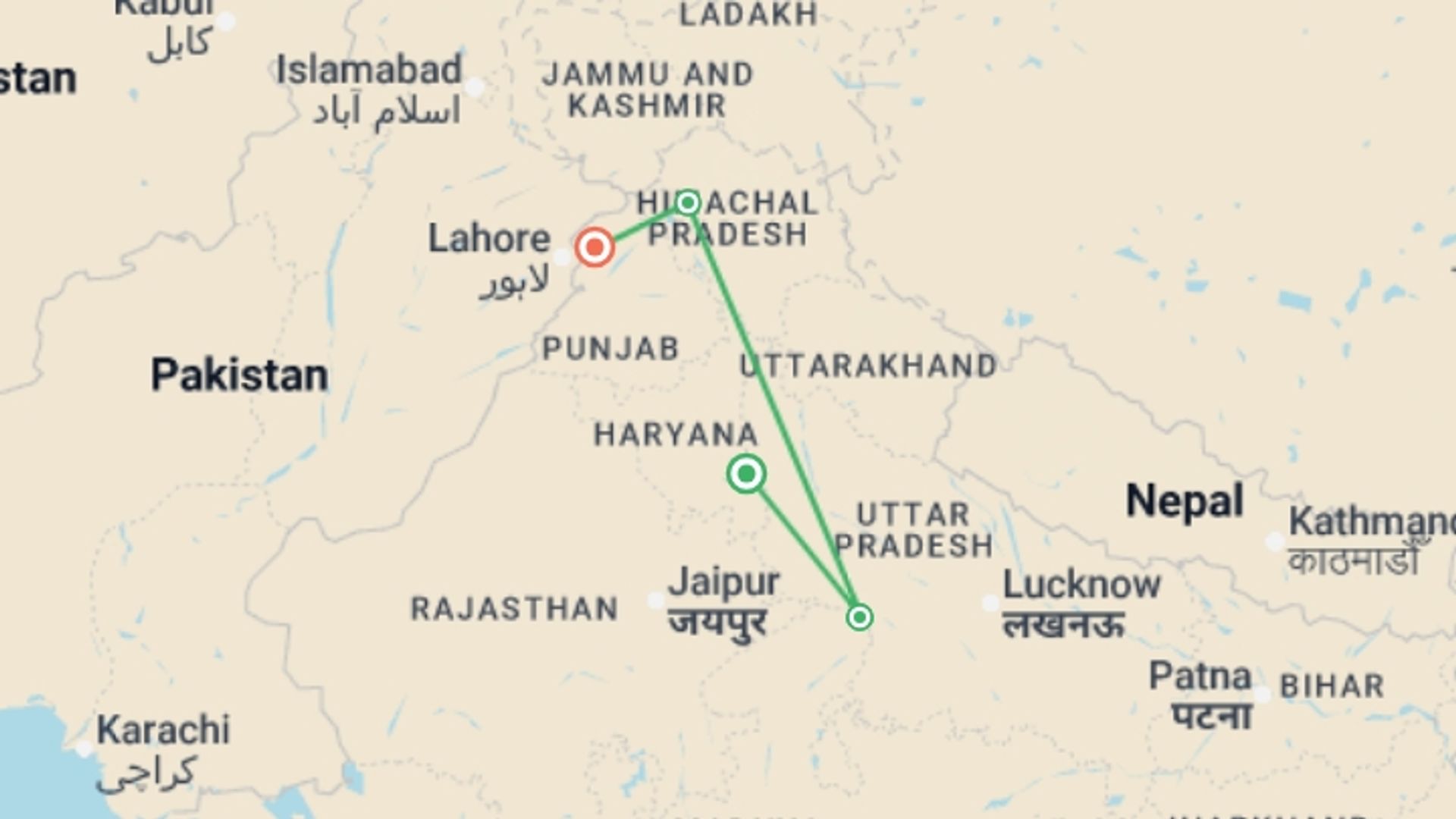 A map showing the tour itinerary for the trip: North India: Delhi, Dharamshala & the Golden Temple, starting in New Delhi, India and ending in Amritsar, India going through 2 other destinations.