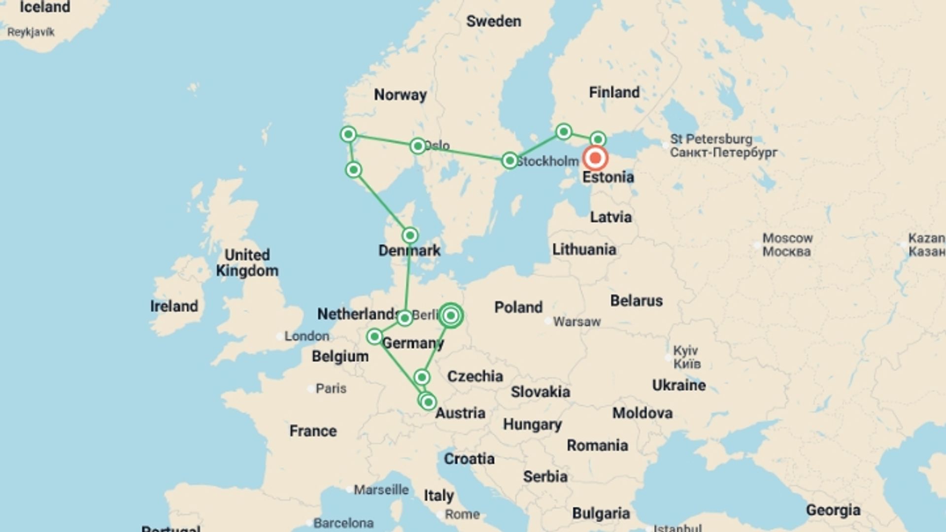 A map showing the tour itinerary for the trip: North of Europe, starting in Berlin, Germany and ending in Tallinn, Estonia going through 11 other destinations.