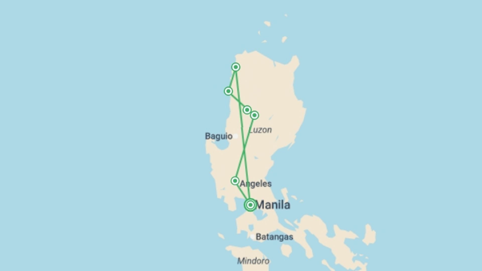 A map showing the tour itinerary for the trip: North Philippines Explorer, starting in Manila, Philippines and ending in Manila, Philippines going through 2 other destinations.