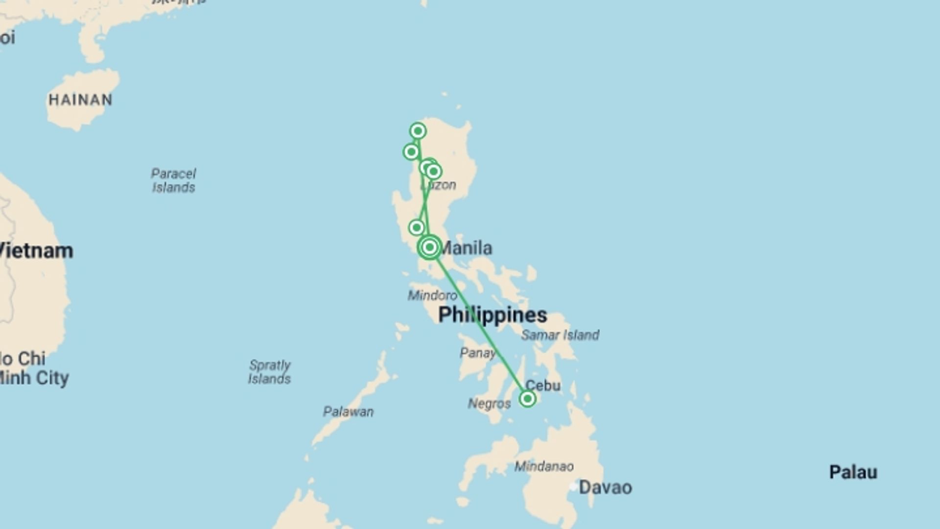 A map showing the tour itinerary for the trip: North Philippines Explorer + Bohol Beach Extension, starting in Manila, Philippines and ending in Manila, Philippines going through 3 other destinations.