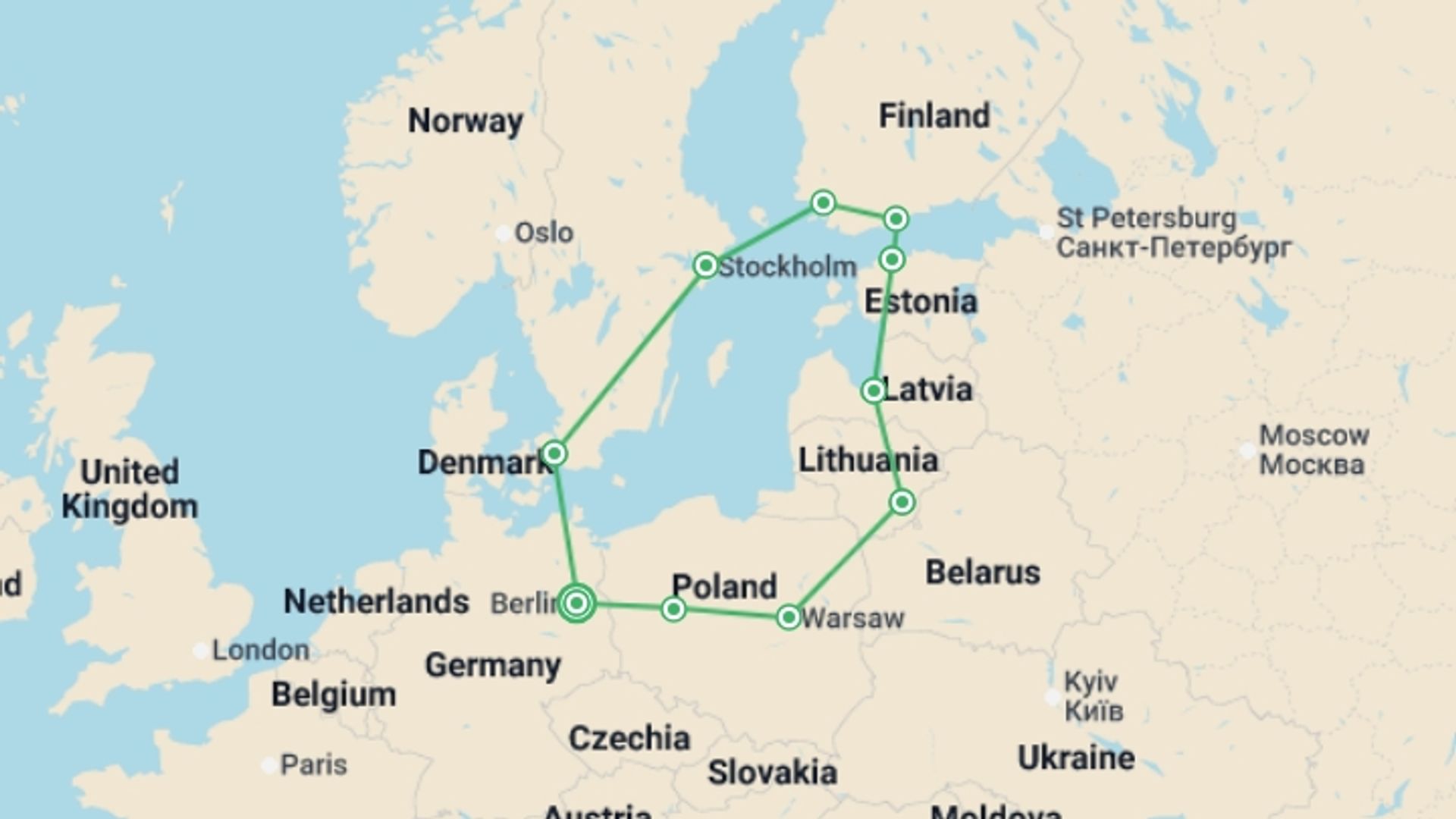 A map showing the tour itinerary for the trip: Northern Dream, starting in Berlin, Germany and ending in Berlin, Germany going through 10 other destinations.