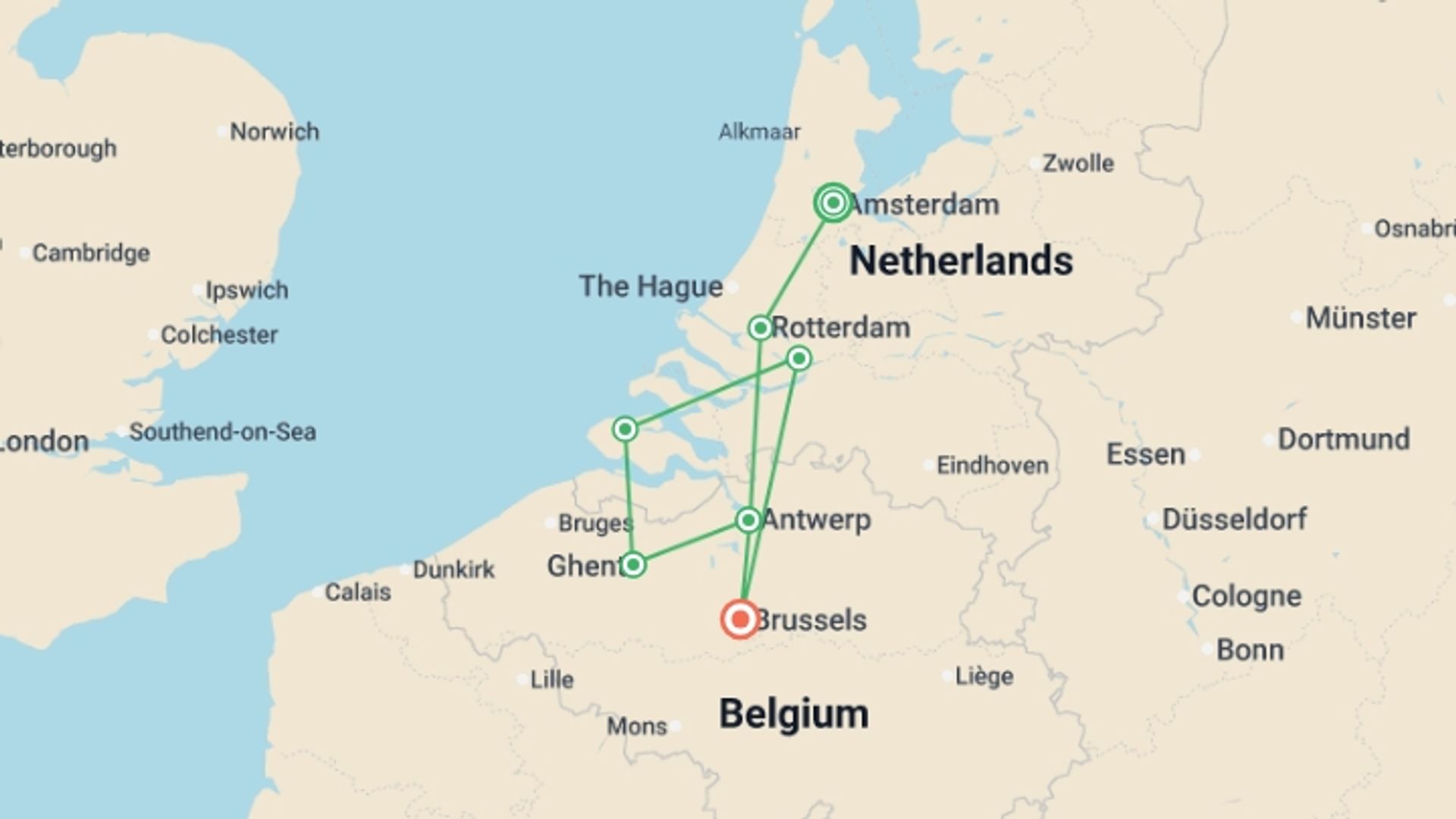A map showing the tour itinerary for the trip: Northern European Culture and Charm: A Cruise between The Netherlands and Belgium. (port-to-port cruise), starting in Brussels, Belgium and ending in Brussels, Belgium going through 6 other destinations.