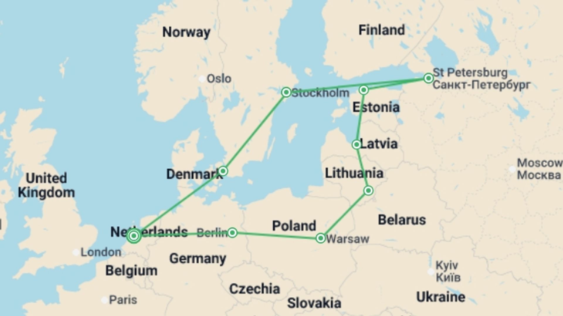 A map showing the tour itinerary for the trip: Northern Explorer, starting in Amsterdam, Holland and ending in Amsterdam, Holland going through 9 other destinations.